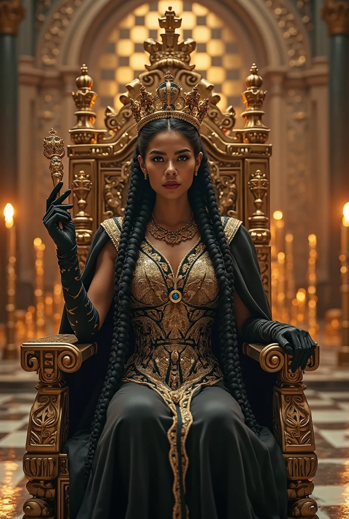 beautiful woman dressed as a queen sitting on a throne, dark surroundings, face being illuminated by lights