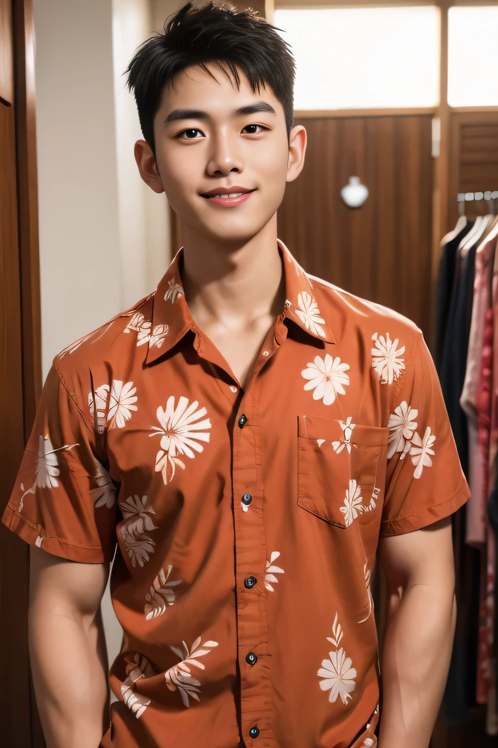 18-year-old male、Japanese、handsome guys、Macho、short hair、 apparel clerk、Red Aloha Shirt、Smile Yan