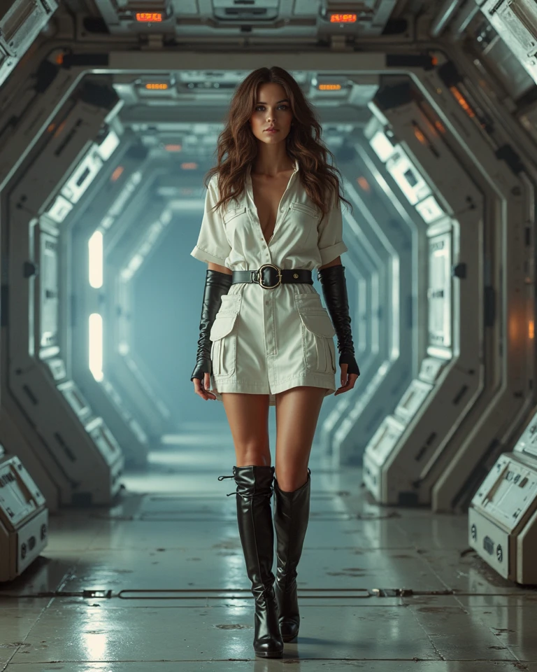 futuristic spaceship scene, subject is Raquel Welch 1968, modeling pose,  brunette hair in a teased long hair style, evocative makeup, false eyelashes, matching lipstick, wearing a loose fitted white skirt uniform with utility waist belt, tall shiny black boots, standing in a large interior corridor walled with circuits and industrial details, backlighting, dark overhead, portals to the outside show the galaxies and stars