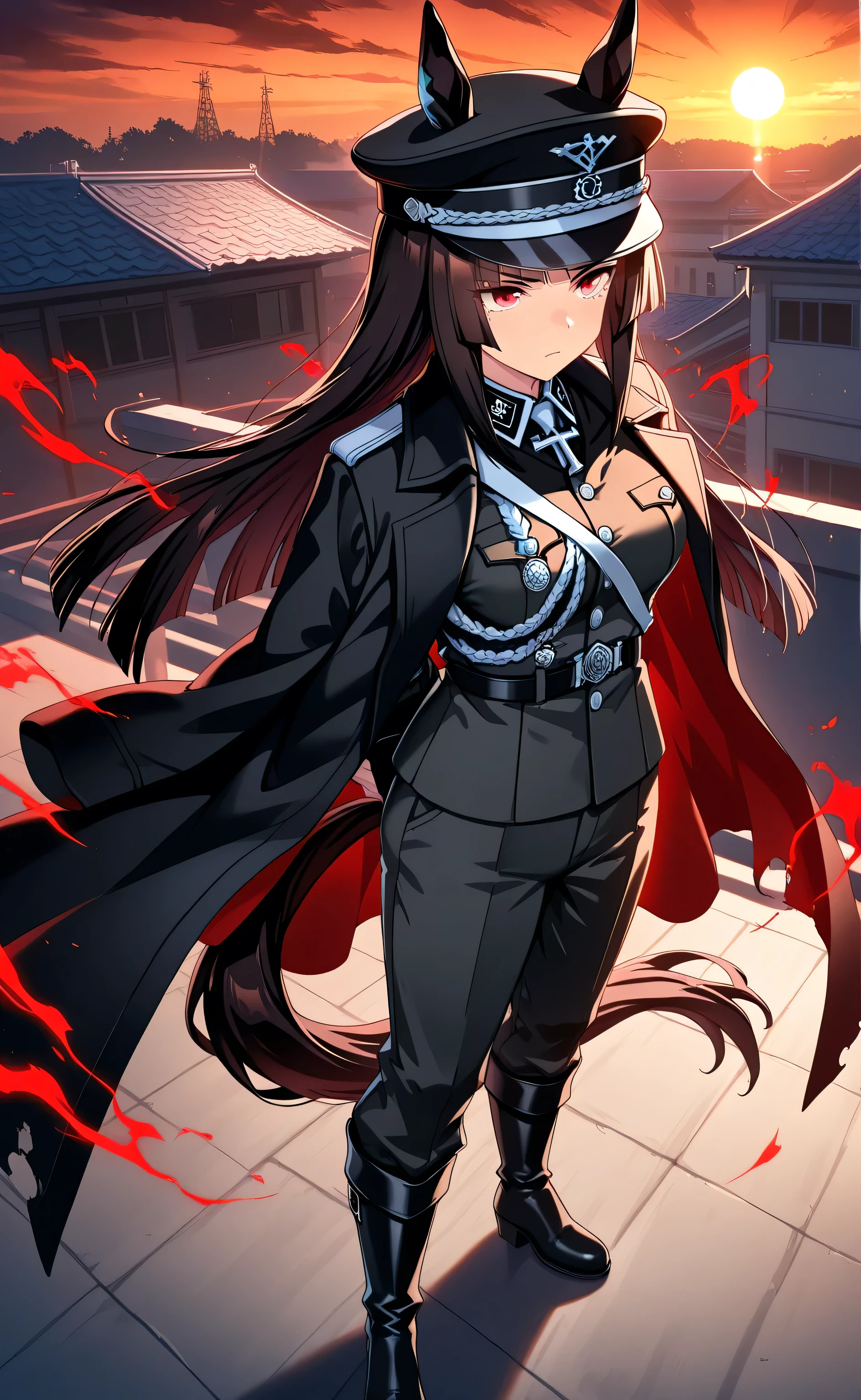 1female,solo,dark bay hair,long hair,hime-cut hair,red eyes,serious,horse ear,horse tail,black cape coat,hat,black waffen-SS Uniform,pants,black heeled boots,muscle,red aura,hand behind the back ,sexy,boobs,tall,school,japanese,rooftop,sunset,[Style] Uma Musume: Pretty Derby, 
