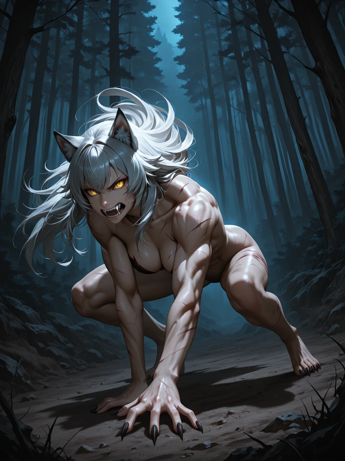 ultra-detailed, masterpiece, masterwork, high quality, best quality, hdr, japanese style, (night, bathing in waterfall), nsfw, male, solo, werewolf, (nude,), (white little body werewolf), (long hair), yellow eyes, squatting, dynamic angle, wet body, (foreskin, perfect balls)