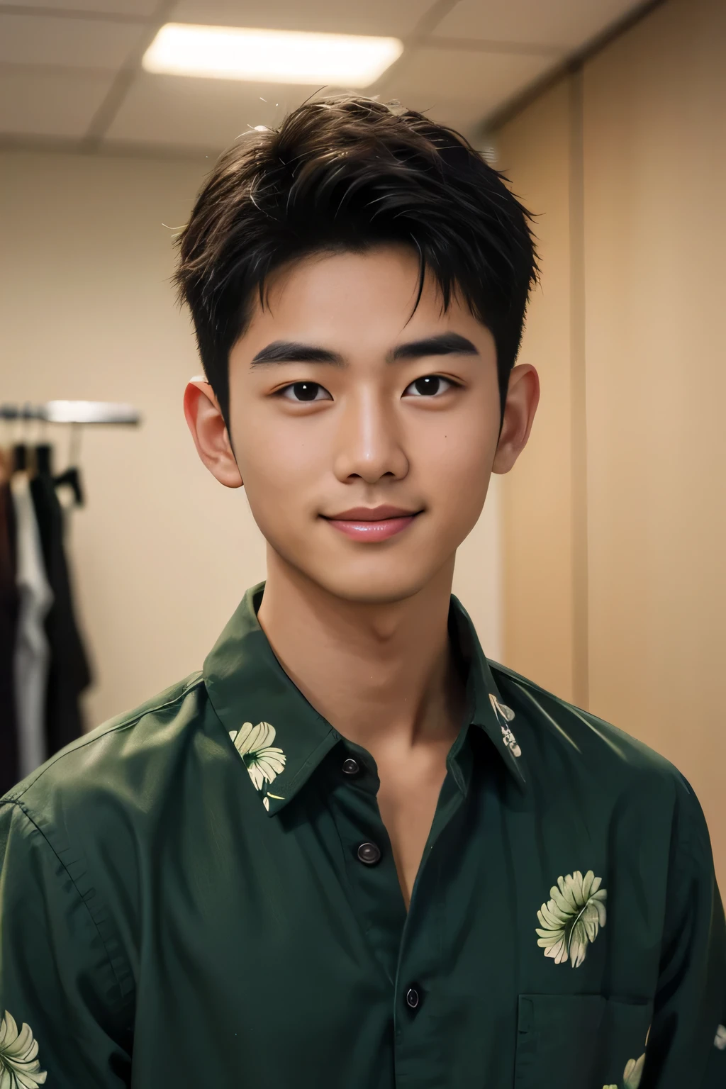 18-year-old male、Japanese、handsome guys、Macho、short hair、 apparel clerk、green aloha shirt、Smile Yan