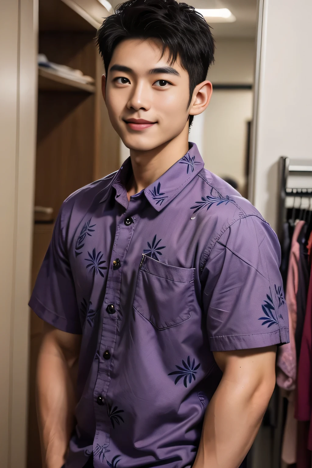 18-year-old male、Japanese、handsome guys、Macho、short hair、 apparel clerk、purple aloha shirt、Smile Yan