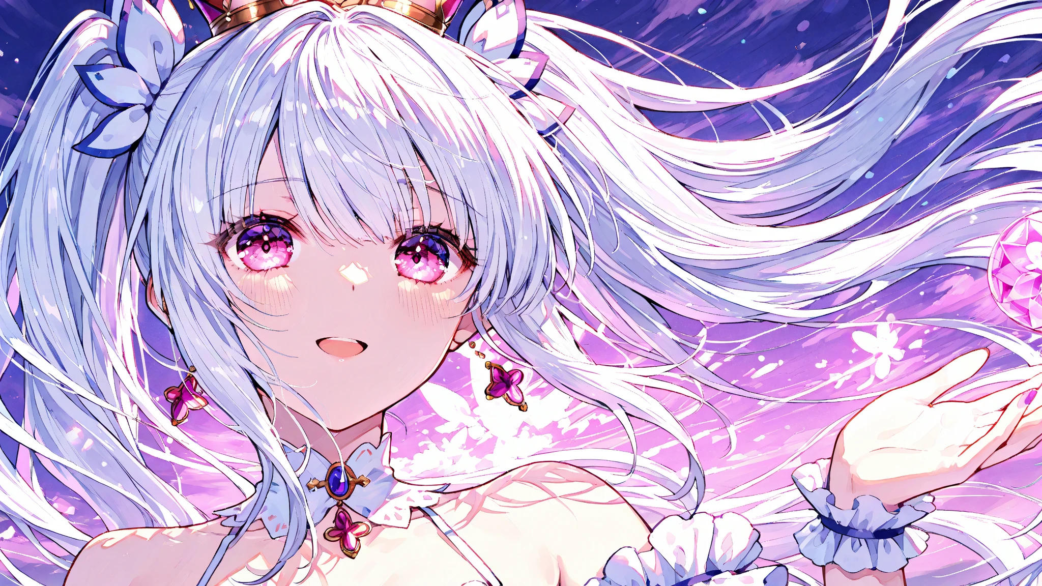 Highly detailed face,fine grain,Sparkling eyes,Highlighted eyes,Medium ,pretty girl,smile,Cat ear,Beautiful silver hair,Pink inside,Beautiful pink eyes,fantastical, mysterious