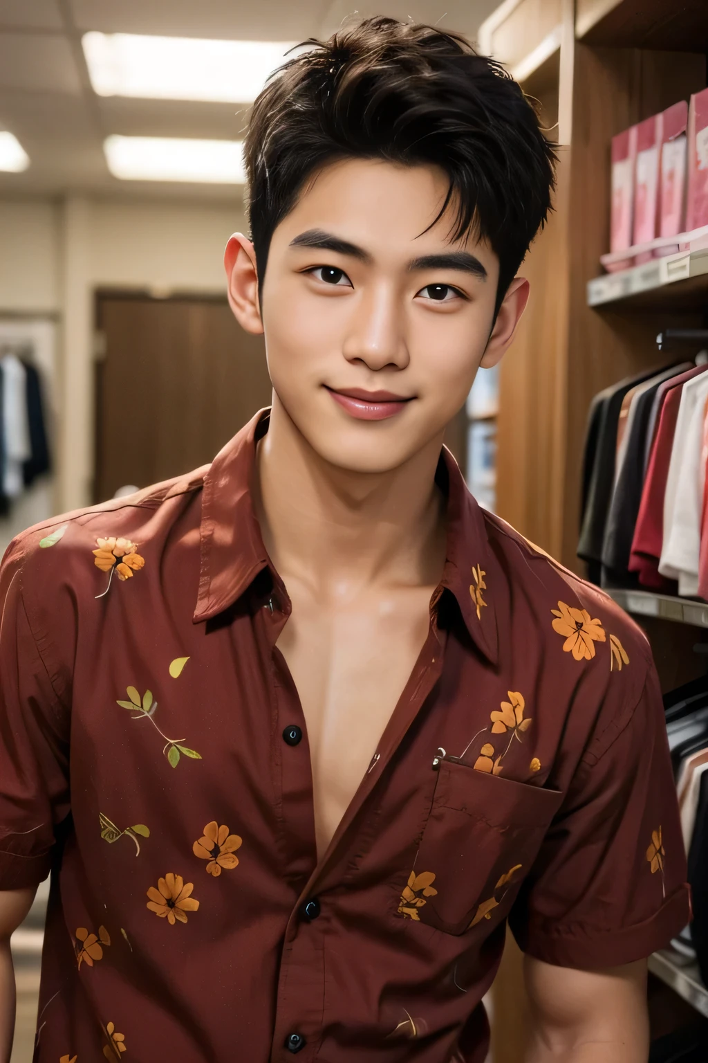 18-year-old male、Japanese、handsome guys、Macho、short hair、 apparel clerk、burgundy Hawaiian shirt、Smile Yan