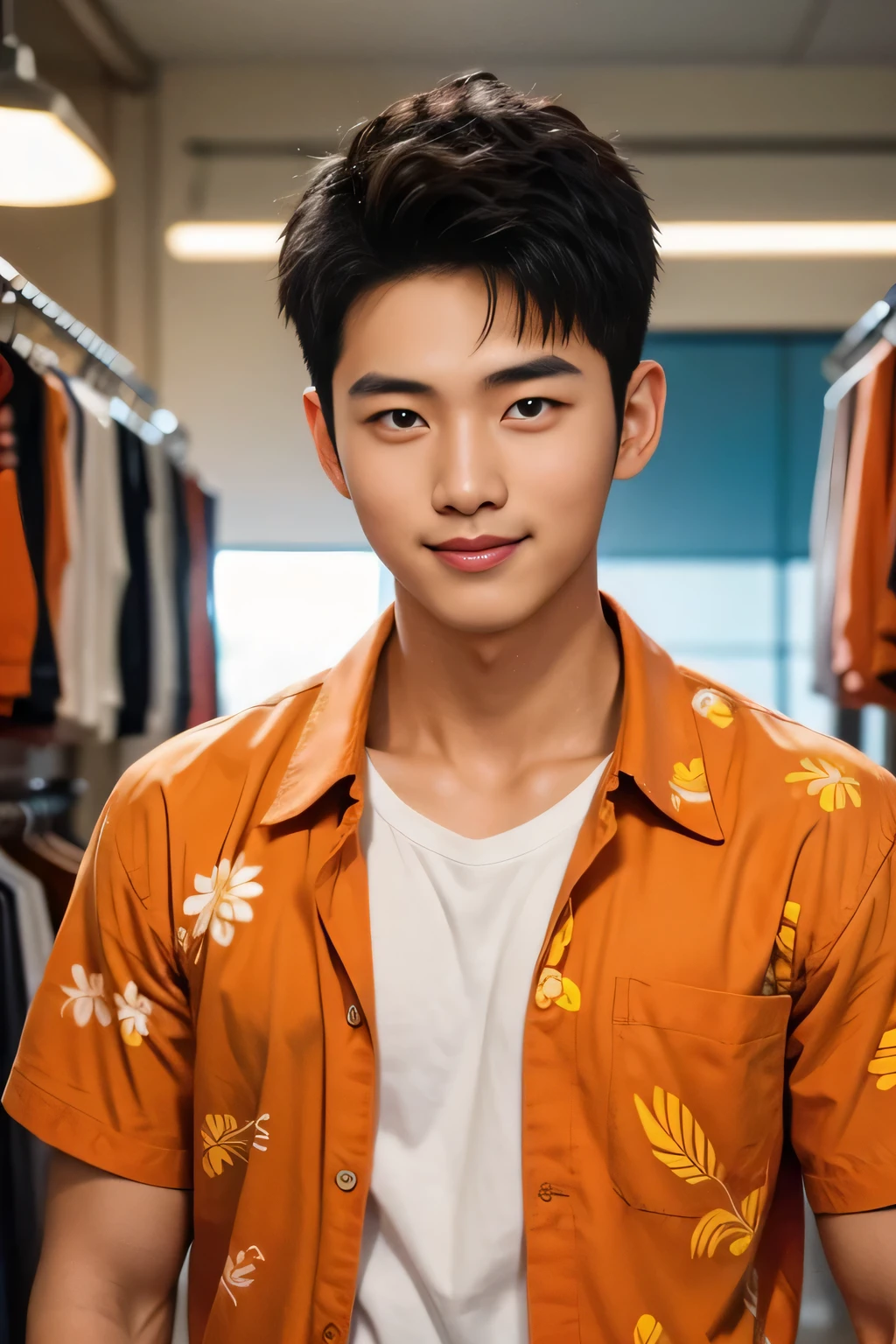 18-year-old male、Japanese、handsome guys、Macho、short hair、 apparel clerk、orange aloha shirt、Smile Yan