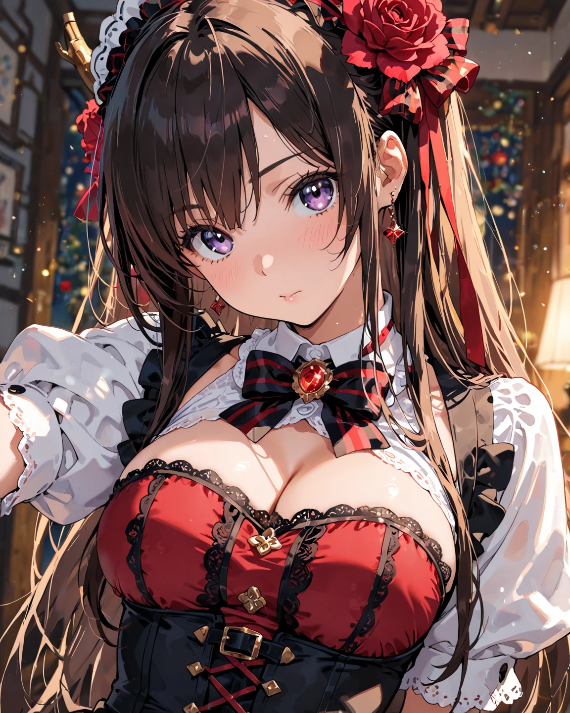 (masterpiece:1.3), (best quality:1.3), (ultra-detailed:1.3), illustration, solo, indoors, theater, light particles, sparkle, lens flare, bokeh, blurry background, black hair, long hair, brown eyes, middle breasts, black thighhighs, hair ornament, hairband, ribbon choker, looking up, upper body,(idol, idol costume, red costume, bouquet, smile, tears:1.2),<lora:flat2:-1>