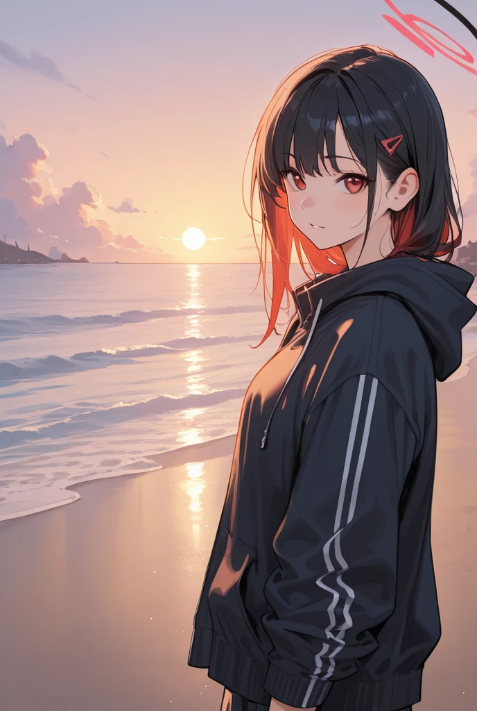 1girl, solo, wlop,
Black hair, gradient eyes, black cloak,  smile, 
beach, sunset, 
masterpiece, best quality,