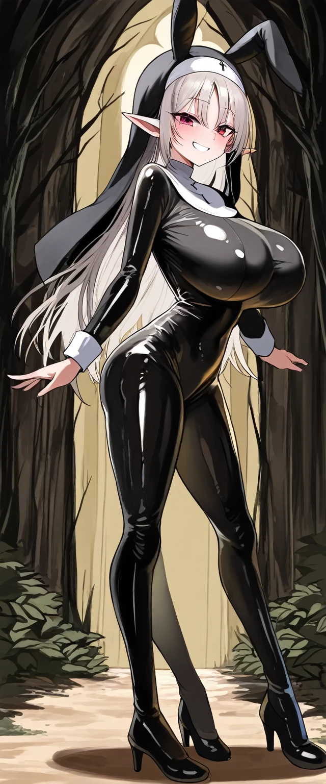 Masterpiece, high quality full length portrait of 1 woman (maduro)) YOUNG), holding a dagger knife, exhausting ((Tight black latex suit.)), rouge, thief, beautiful thin face, long hair, (silver gray hair), BIG BREASTS, pale and light skin, ((Red eyes)), smug happy expression, set in a dark forest environment background, view from behind, perfect ass