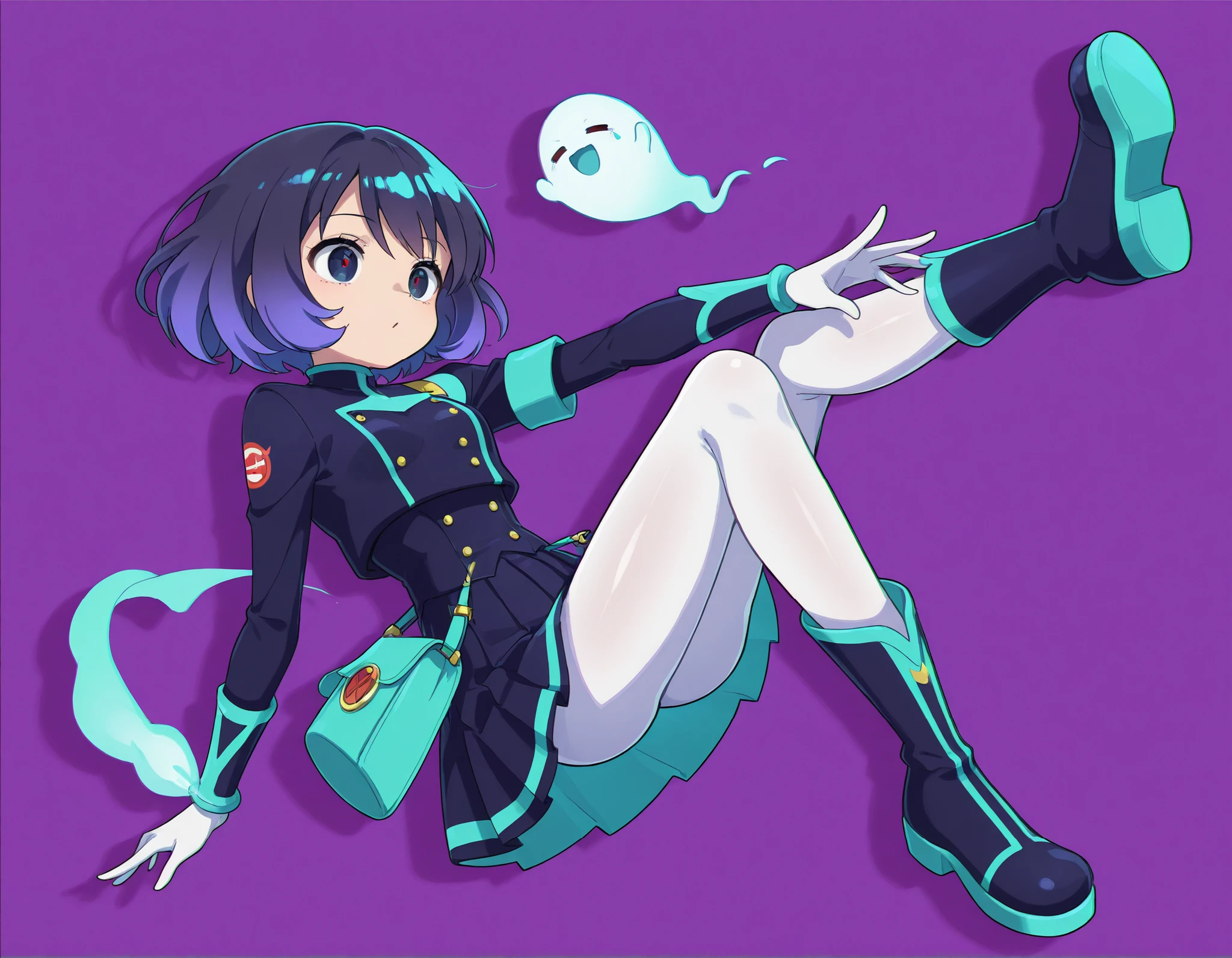Anime Style、x} flat What cell shading、dynamic composition with a sense of perspective、floating
cute ghost girl、Bad look with dark eyes、Front camera view。
Hair #scattering cyan x pink、short hair、Thin luminous rim at edge、small highlights on the bangs。Slightly twisting body with one shoulder。

Costume Theme：Blueberry × Ghost's near-future。
Blueberry navy base（#2B2D6C）＋black、Cyan accent #45EEFF and pastel pink #FF5ACD。
top：skin-fitting navy bodysuit、Cyan luminous piping。
bottom：5-ply high-waisted skirt with “petal peplum” imitating a calyx（or skort）、Translucent faded hem。
Feet：cyan ring pattern on indigo nixos、 The toes of the boots have luminous teardrop inlays。

show：Pale cyan〜 Several lavender ghostly flame wisps are floating。
Small glitch rectangle along the outline（3〜5）、Very subtle chromatic aberration。
 The background is a uniform green for chromakey #00FF00、Uniform lighting、Minimal shadow、Green spill suppression。