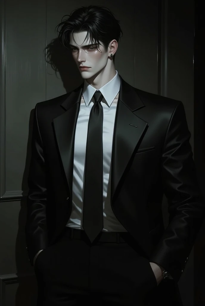 A handsome man , wearing black suit with white shirt and black tie , pale skin , light short blonde hair and light blonde eyebrows , blue eyes
