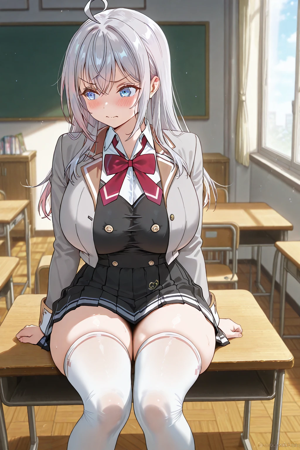 peeing self, indoors, classroom, sitting at desk, Edelgard, multi view upper body, upskirt panties view, legs together, a3r1th, peeing, peeing herself, perfect female figure, Edelgard, holding pen, silver hair, purple eyes, red pantyhose, school uniform black shorts, hair ribbons, black ankle boots, looking down nervously, shy, embarrassed, aroused, shocked, panicking, worried, outdoors, very desperate to pee, urination, legs crossed, rape face, full-face blush, high detail, Realism, Hyperrealism, multiple views, wide shot, pov, from above, ccurate, masterpiece, highres, UHD, anatomically correct, super detail, best quality, highres, 8k