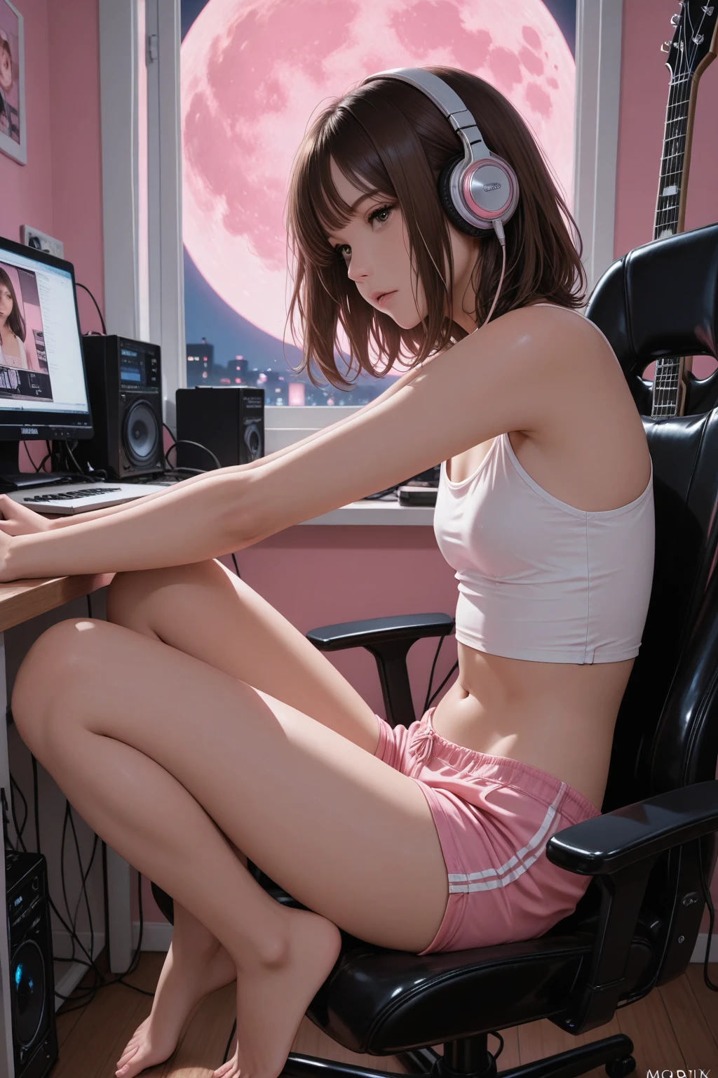 (top views), Dynamic Angle, ultra - detailed, illustration, foreground, uni, 1 young teenager girl in, ((young beautiful teen face)) ((steins;gate: makise kurisu, Headphone jack, pulled up hoodie: 1.4, A reddish brown-haired, bangs, hair between eyes)), His blue eyes sparkled like blue dreamy stars, (bright blue eyes), (small breasts beautiful、A detailed eye: 1.1), (Unexpressable, Keep one's mouth shut), (bedroom), (gaming room，computer and gaming chair), nerd decoration, computer, keyboard, mouse (natta: 1.2), Dreamy, [Slender fingers and hands: 0.55]::0.85], (detail finger), (((naked))), ((exposed micro-breasts)), (((revealing small tits))), (((showing flat chest)))