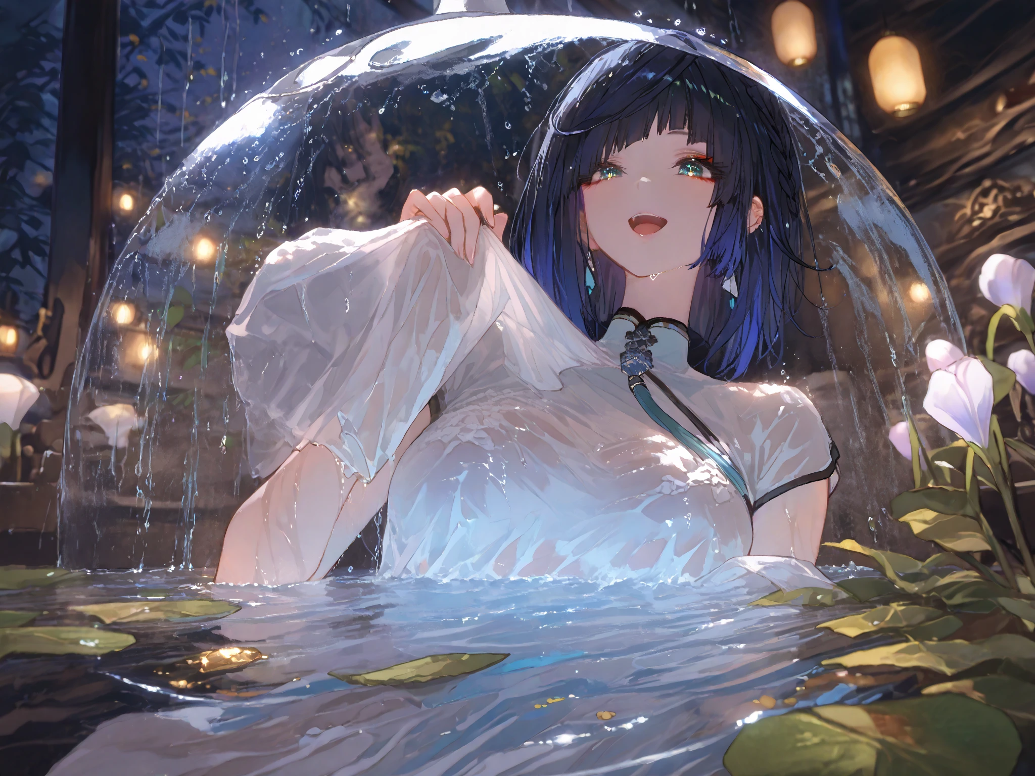 20 years old, with short dark blue hair to the shoulders, a serious yet tender expression, and bright light blue eyes. She dresses in an antique style, wearing a long dark blue skirt that reaches her knees, and small dark brown boots up to her ankles. Her white blouse is long-sleeved, covering her fingers slightly, and falls off one shoulder, leaving it exposed. She possesses water powers and has a water-themed background.