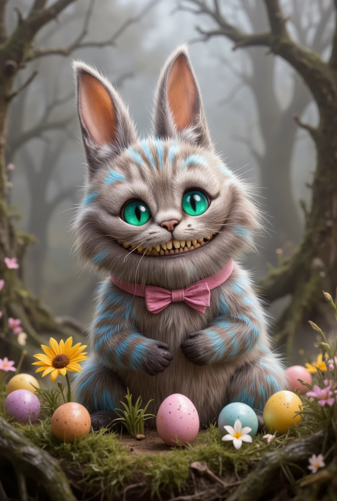aidmaimageupgrader is a high-quality digital image of a comical Cheshire cat in an Easter bunny costume, which is located in a bright fairy garden with lots of bright Easter eggs, flowers and sweets