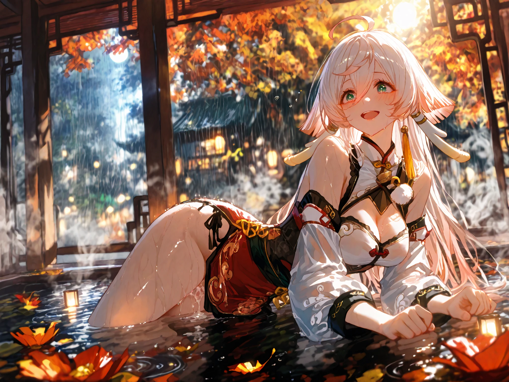 There are ghost horns on the head,Petite stature,loli,Small Breasts,Japanese short kimono showing breasts and legs,breast stickers,In Japanese garden,drink wine,sex,beauty