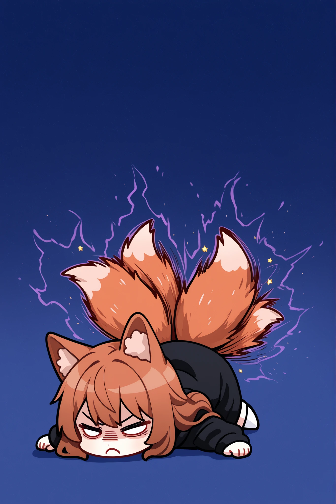 1 girl,a fox girl,black costume,brown hair,Fox Ears,(kyuubi:1.8),Hand support,On the ground,Shine the stars,anger,negative space,blue background,simple background,cartoon,(tail bursts out of aura because of anger:1.3),(deformed1.5)