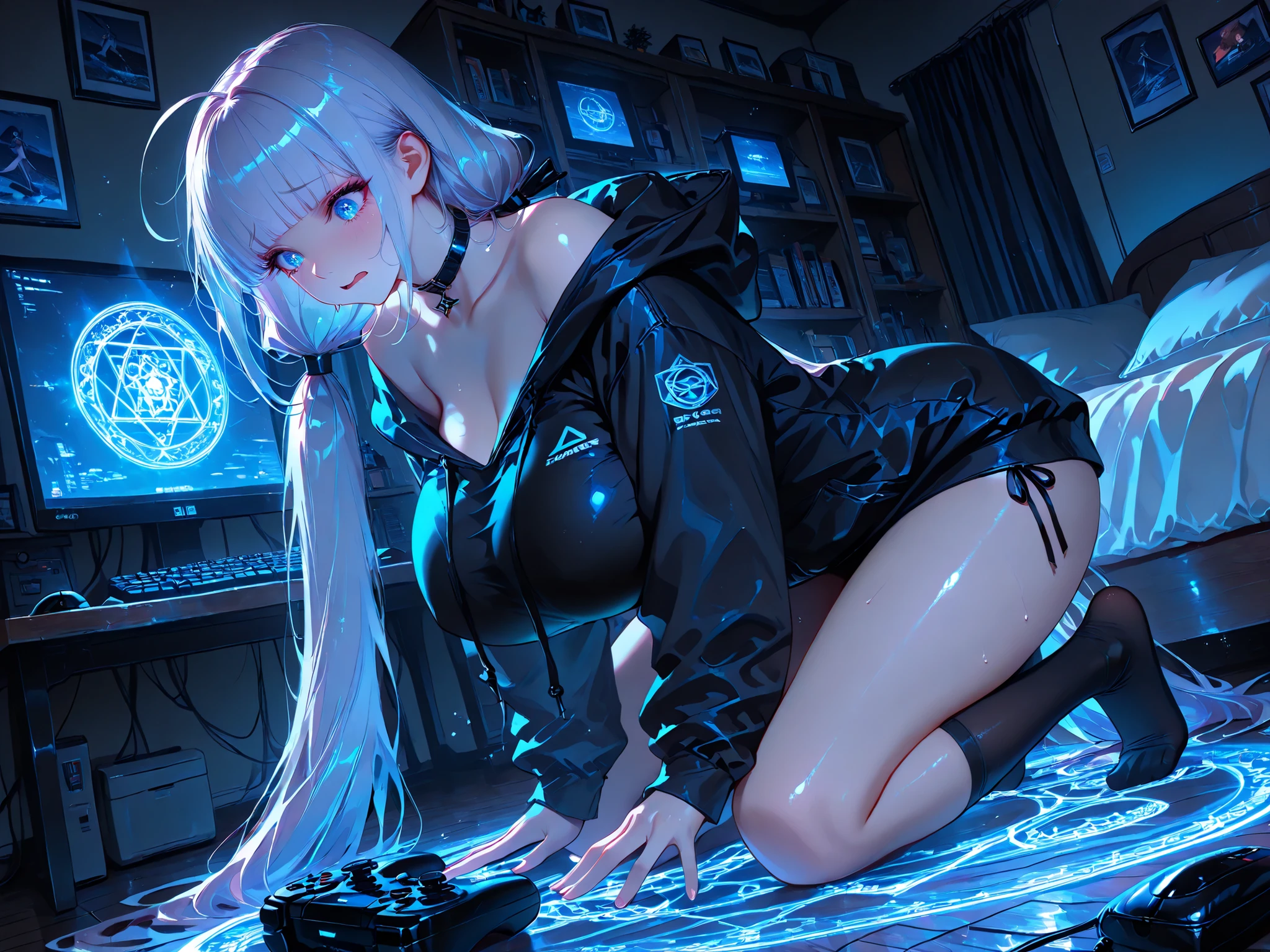 asterpiece , Highest quality , amazing quality , very aesthetic , absurdres , newest , scenery ,, masterpiece , best quality , amazing quality , very aesthetic , absurdres , official art , anime, newest ,, back ground, gaming room background, indoors, in her messy room, night, wooden floor, couch, a (big)(glowing)(magic circle)(on ground),bed, pillow, closet, cushion, figure, poster \(object\), manga \(object\),dakimakura \(object\),sofa, computer desk, computer, game console, computer keyboard, computer mouse, remote control,2monitors,window,curtains,paper,books,bookshelf,open book, levitating books, levitating manga, LED,(colorful), from side, distant view, dutch angle, detailed background,, 1girl,solo,full body, (kneeling)(on the ground), ((looking down at the ground)),correct physics, correct anatomy, human, cute young girl, panicking, pale skin, shiny skin, dripping in sweat, blue eyes,eyes reflection, sparkle eyes , eyelashes, dashed eyes , surprised, Eyeshadow, thin eyebrows, smokey eyes, wavy mouth, parted lips, pink glossy lips,(black plain oversized hoodie),(hoodie up),long sleeves,(bare shoulders),Side tie panties under hoodie, collarbone, no shoes, knee high socks,, gray, absurdly long hair, low twin tails, straight hair, blunt bangs, ahoge, silky hair, shiny hair,(gigantic breasts:1),(sagging breasts:0.6),(breasts apart:0.8),(cleavage:0.8),(puffy nipples:0.7),(covered nipples:0.7),black leather choker,(holding a controller for a game),lens flare, halation effect, cinematic lighting, light sparkles,volumetric lighting , dark room, low light, moody atmosphere, LED lighting, scenery , depth of field ,High Resolution, Super Detailed,