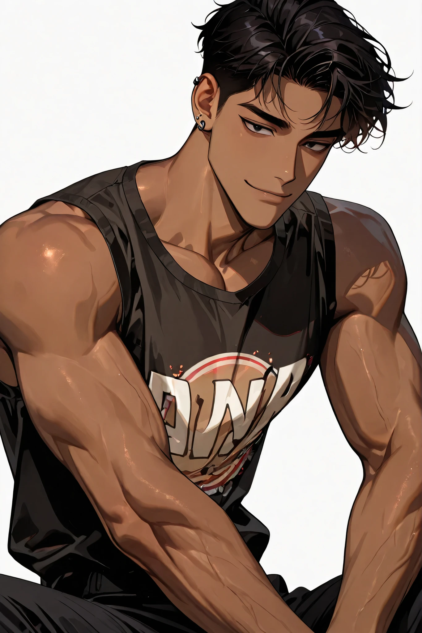 A handsome Korean adult male with dark hair and dark eyes has healthy tanned skin, a confident and proud impression, has a stupid smile, wears comfortable clothes in a sleeveless style with an expensive but awkward print, and has a skinny body., white background, piercing, close-up