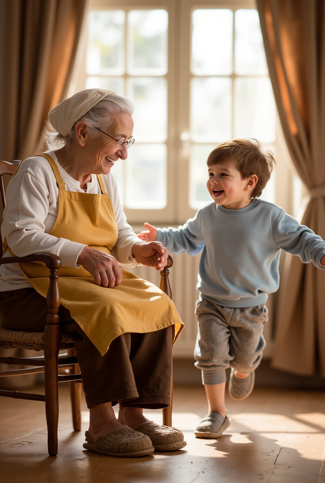 photorealistic. A is a old woman, winkle skin, white wavy hair, mob cap, long sleeves white shirt, yellow apron, brown pants, slippers, sitting wooden chair, smile. B is child boy, brown short hair, light-blue sweatshirt, gray half-pants, slippers, laugh, outstretched arms, open hands, running. room, window, cartain, warm lighting,