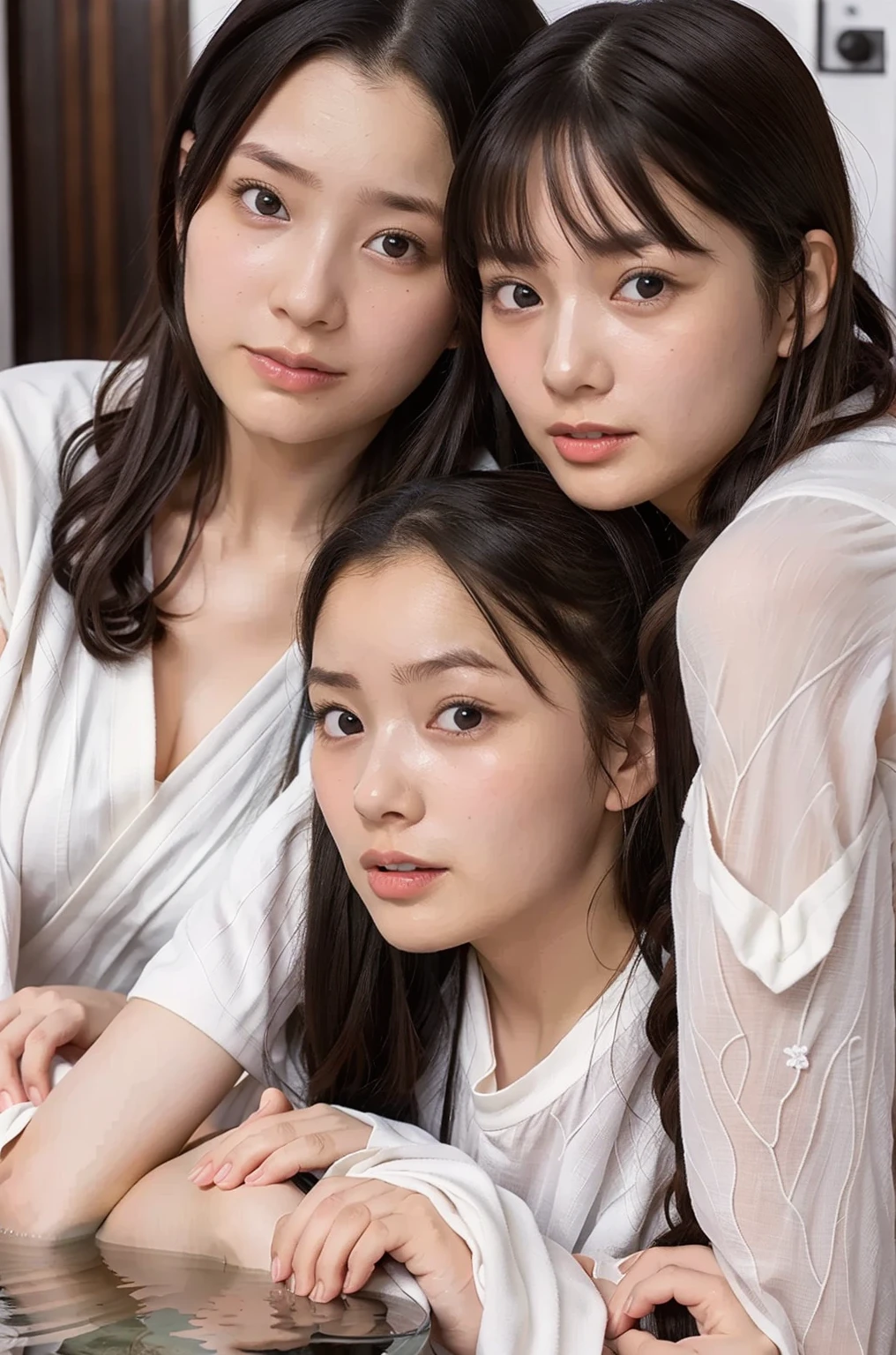 Close-up portrait of beautiful women sleeping together、Random sexy poses、Sleeveless knit、skinny pants、short hair、The skeleton is wave-shaped、Natural Lip、E-cup bust