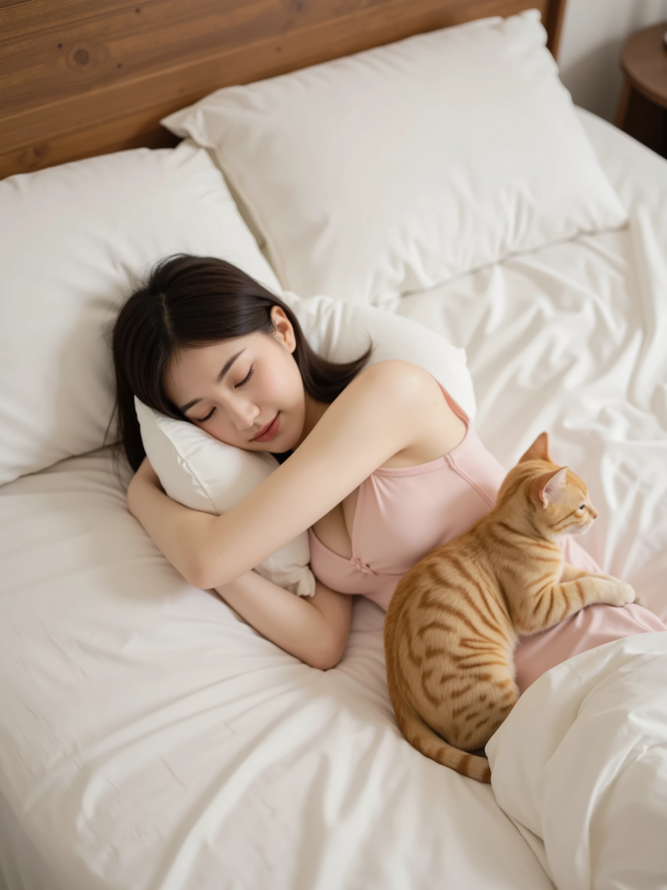 A young woman lies sleeping in a large bed with white bedsheets and pillows. The woman wears light pink pajamas and rests her head on a white pillow, while an orange tabby cat curls up next to her on the bed. The bedroom setting features soft ambient lighting from a bedside lamp, casting gentle shadows across the bedding and creating a cozy atmosphere. A portion of a wooden nightstand is visible at the edge of the frame. Indoor lifestyle photography with soft, warm lighting and shallow depth of field focused on the sleeping subjects.