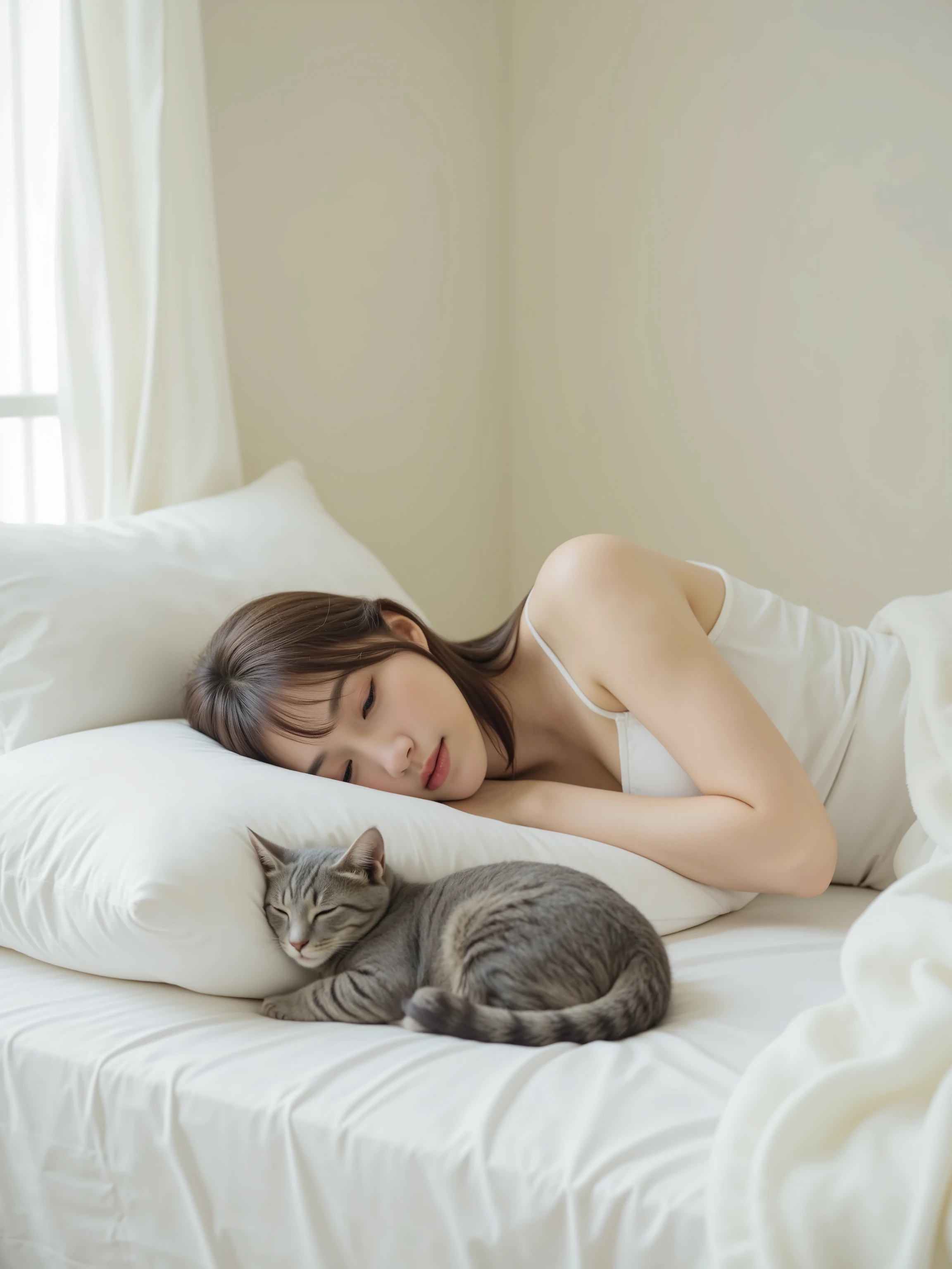 A young woman with long dark hair lies asleep on a white bed with crisp white sheets and a plush comforter. A grey tabby cat curls up next to the woman's pillow, also sleeping peacefully. The bedroom setting features soft, diffused natural light coming through sheer white curtains, illuminating the peaceful scene against light beige walls. Portrait photography with soft natural lighting and shallow depth of field focusing on the subjects against a clean, minimalist background.