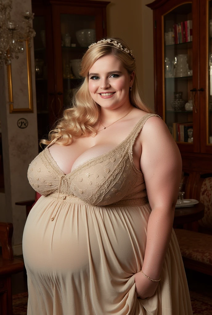 Fat pregnant blonde Icelandic model, curly hair, blushed, happy, satin dress, Big lips, chubby body,bbw, morbidly obese, pregnant belly, weight gain, bedroom