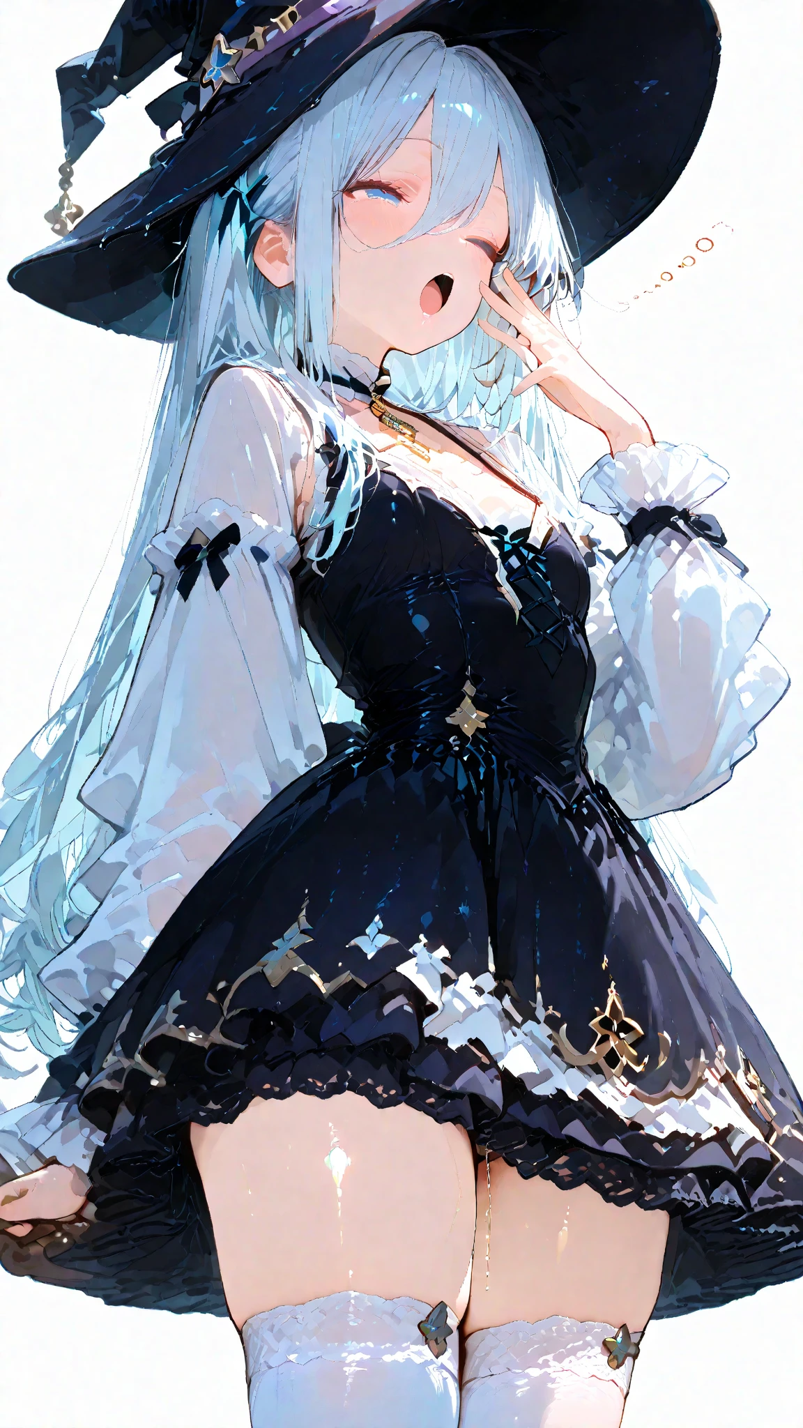 masterpiece, 最high quality, high quality, very aesthetic, Newest,rich lighting, depth of field after urinating, (( Witch Girl ))、1girl、kanbn, White to blue hair, bright blue eyes,,short stack,Witch Hat、witch costume、knee-high socks、((Yawning))、sleepy face、shiny skin、Cute Poses、(5 anatomically correct fingers)、white background、simple background、