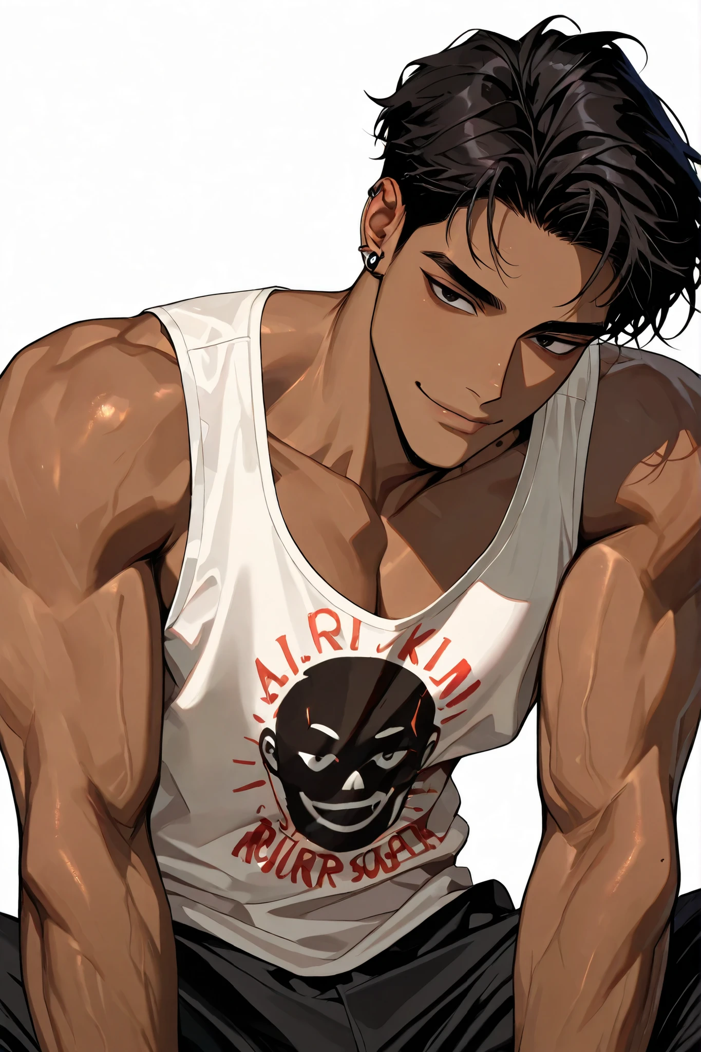 A handsome Korean adult male with dark hair and dark eyes has healthy tanned skin, a confident and proud impression, has a stupid smile, wears comfortable clothes in a sleeveless style with an expensive but awkward print, and has a skinny body., white background, piercing, face close-up