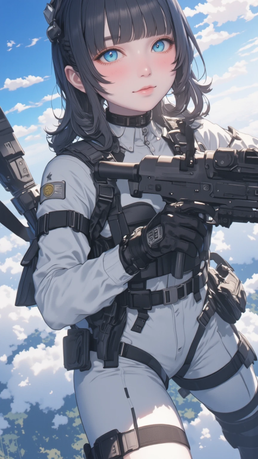Masterpiece, realistic, sci-fi science fiction, beautiful eyes, realistic sci-fi movies, detailed facial features, realistic, in a single portrait, fighter jet detail, (Democratic Federal Commander uniform reference : 1.8 ) ,Realistic high-tech fighter planes, cinematic camera angles, most realistic shaders, detailed environment,(beautiful CG:1.4 ),Standing on a flying aircraft carrier,Realistic hair detail,Fantastic shadows,Tonal coverage,Beautiful colors,Woman,adult,short,small breasts,26 years old,dark green eyes. ,Purple-black hair,(two braids in the back, straight bangs in the front), red glasses, showing a solemn expression.