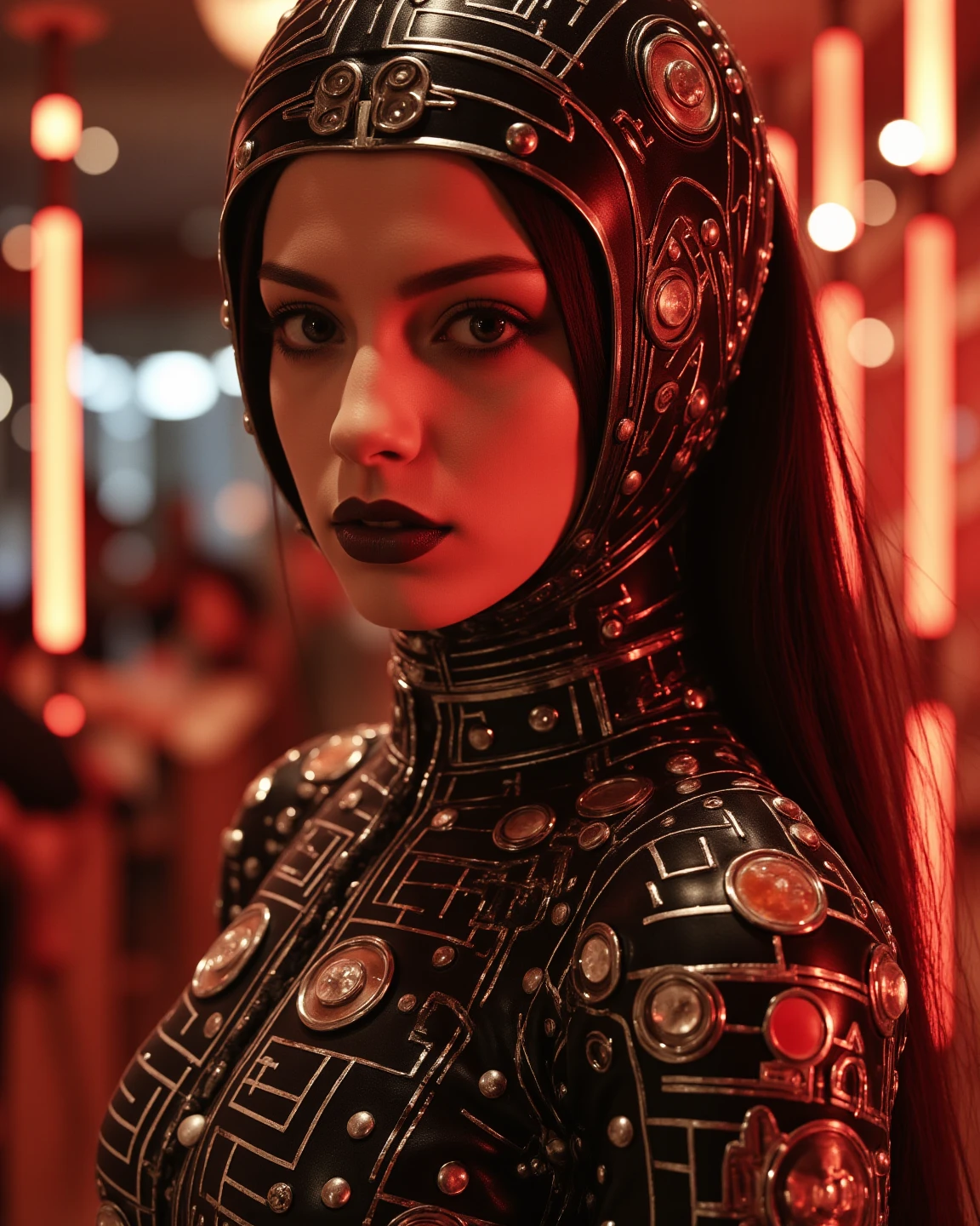 (Hyperreality: 1.9), (refined details: 1.3), (high definition: 1.9), (high detail: 1.3), (high aesthetics : 1.9), (Score 9, score 8 up: 1.9), (complex details: 1.3) (Bright colors: 1.5), perfectly crafted details , (xtremely high quality RAW photograph: 1.9), Looking at Viewer, Badass Closeup Portrait of a white perfect skinned translucent Mecha woman wired-Cyborg with high collar linen cape, mechanical implants, mechanical parts, Large outworn Linen Hood, Glossy wet lipstick, retro Vintage, vibrant translucent Red/beige,1980s, Futurescape, Spaceage mechanical, soft shadows, atmospheric haze, very detailed raw photo,  high detailed texture, 8k uhd, dslr, soft lighting, atmospheric haze, Film grain, cinematic film still, shallow depth of field, highly detailed, high budget, cinemascope, moody, epic, OverallDetail, gorgeous, 2000s vintage RAW photo, candid camera, color graded cinematic, eye catchlights, atmospheric lighting, skin pores, imperfections, natural, shallow dof