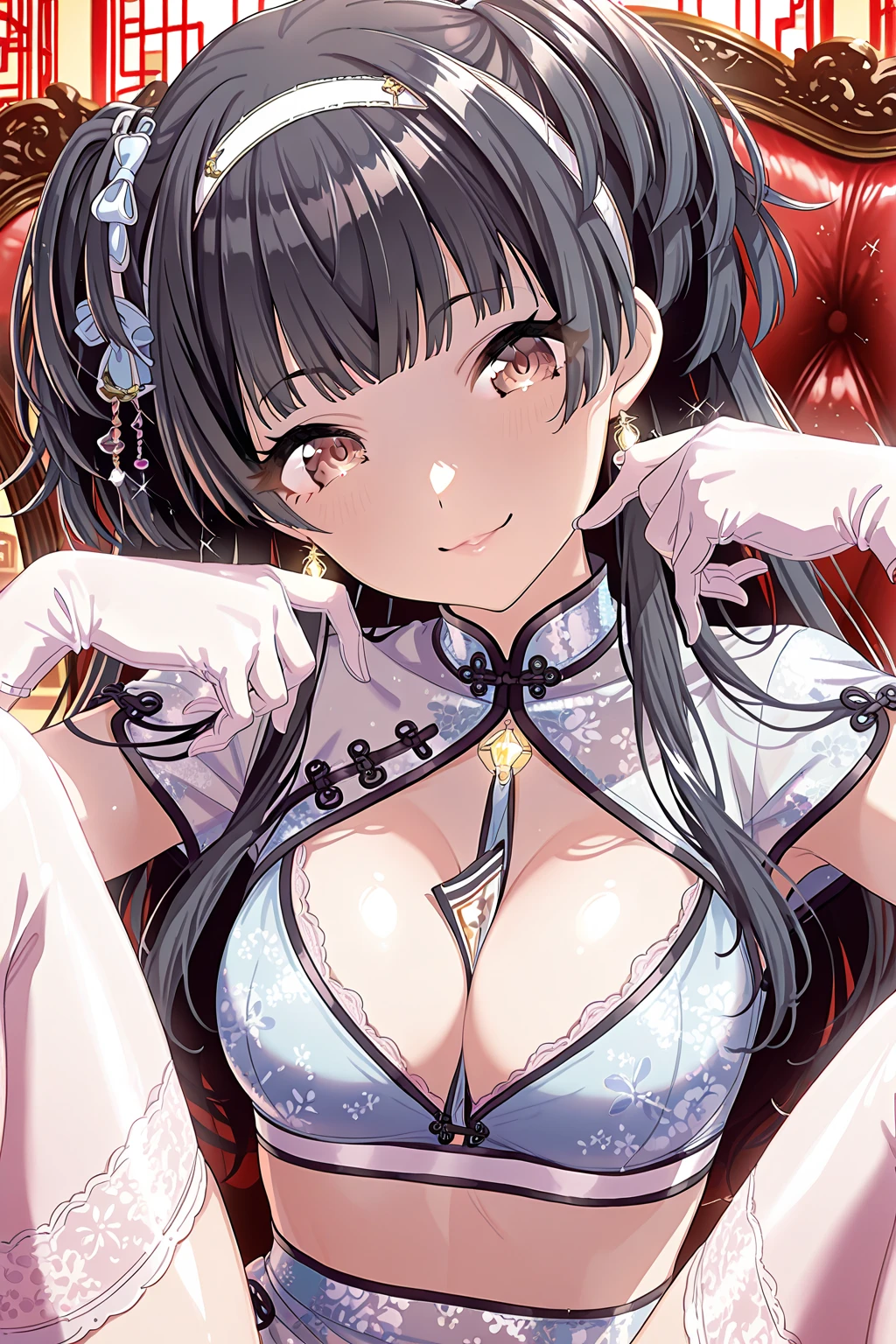 erotic、fgo Qin Liangyu、tall、 mature, Married women, Pale pink and white sparkly sequin dress、Off the shoulder、邪evilな女戦闘員, Pink and black background, Pitch-dark bedroom, Dark Theme, evil, lure, excited, Condescending smile, Lightly open your mouth、Sexy pose, Upper Body,