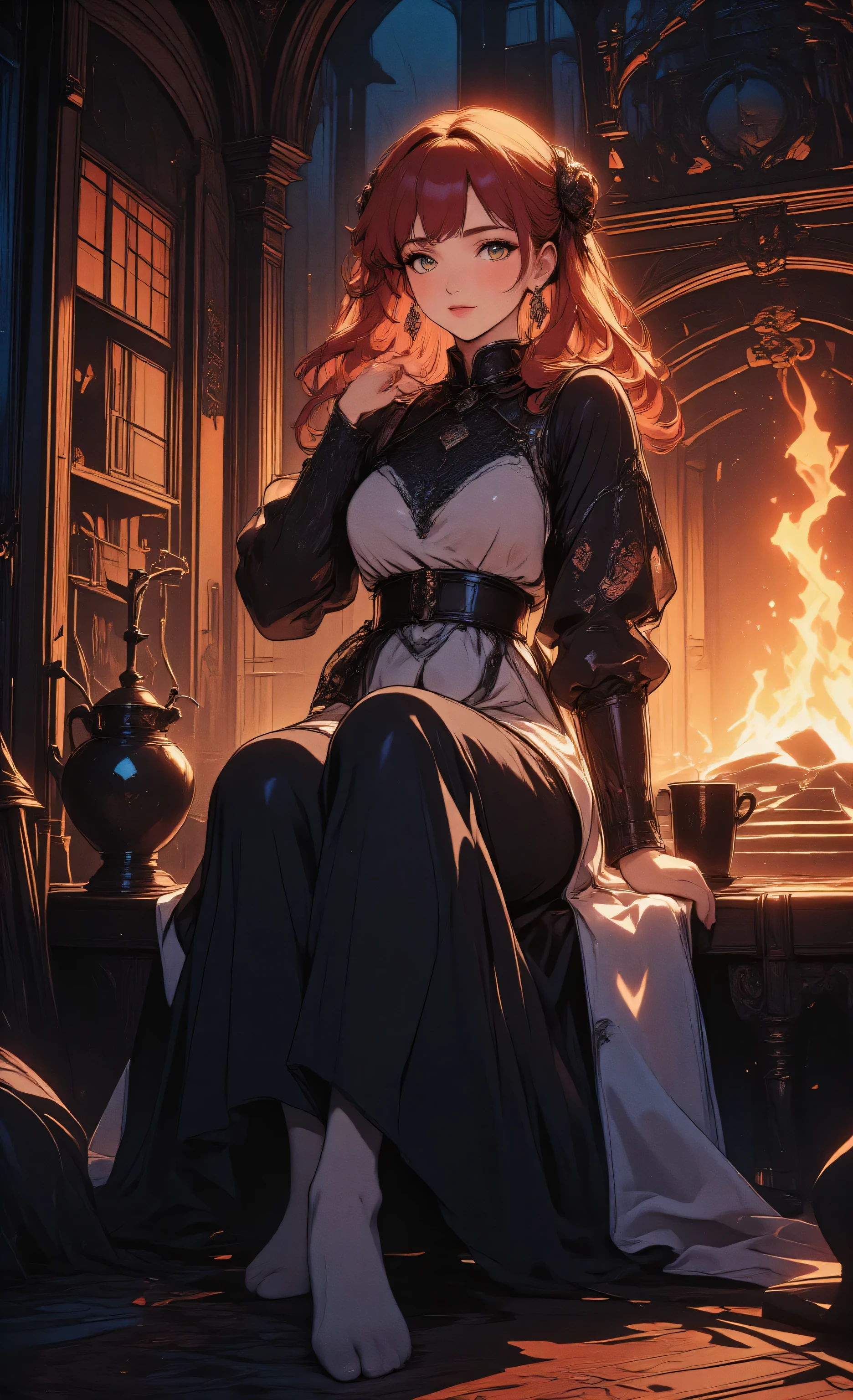 zavy-ctcmcs,hyp3rd3tail style, high details, a picture of a woman sitting near a fire place drinking warm tea, middle aged woman , exquisite beautiful woman, ultra detailed face (best details, Masterpiece, best quality), warm grin, red hair, long hair, wavy hair, dynamic eye color, pale skin, multi colored dress, barefoot, middles ages house background, dim fire light best quality, 16k, RAW, [best detailed], masterpiece, best quality, (extremely detailed), full body (best details, Masterpiece, best quality),  ultra wide shot, photorealistic, fantasy art, RPG art, D&D art, , High Detail, Ultra High Quality, High Resolution, 16K Resolution, Ultra HD Pictures, 3D rendering Ultra Realistic, Clear Details, Realistic Detail, Ultra High Definition Waiting to start  best quality, 16k, [ultra detailed], masterpiece, best quality, (ultra detailed), full body, ultra wide shot, photorealism
