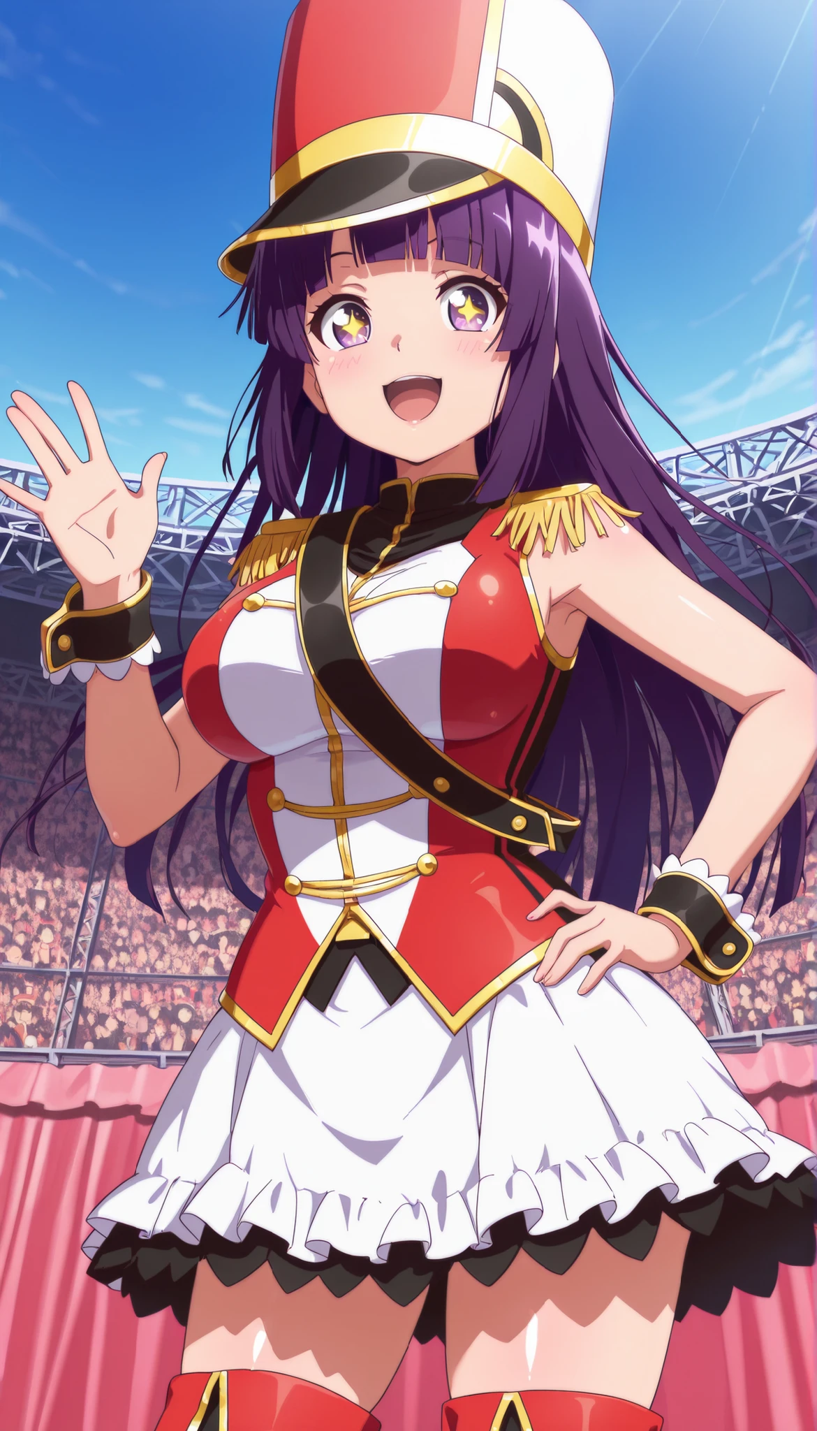  score_9, score_8_up, score_7_up, source_anime, solo, 1girl, looking at viewer, absurdres,highres,masterpiece,best quality,amazing quality, ultra detailed anime style, anime coloring, shiny skin, perfect eyes,detail1eye,star pupils(gold star),well-defined fingers, AoiIzumizawa, purple hair, long hair, bangs, blunt bangs, large breasts, kokorohhw, hhw skirt, hhw shako cap, hhw band uniform, hhw wrist cuffs, hhw thigh boots, cowboy shot, rouge lips,waving ,standing, hand on hips,smile,open mouth,outdoor live stage, blue sky ,audience