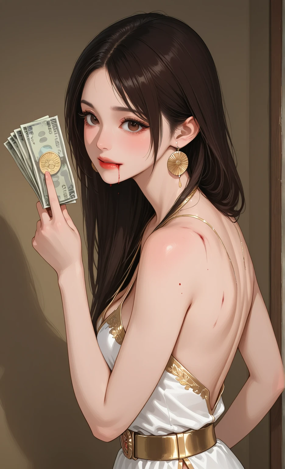 night in a simple house, beautiful young indonesian women, voluptuous, big breasted, sweating, messy hair like just woke up, wearing a tank top, in front of him there is a hand giving red money, against a dull wall, wet hair, Low light