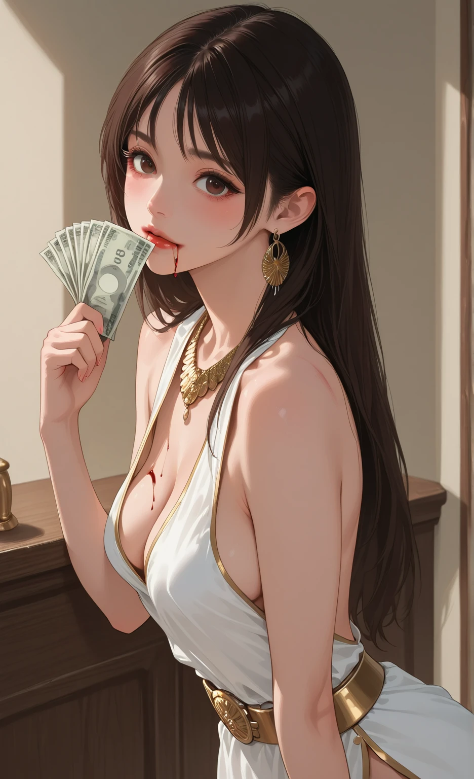 a beautiful woman holding a lot of money in her hands with an expression of "uau" no rosto