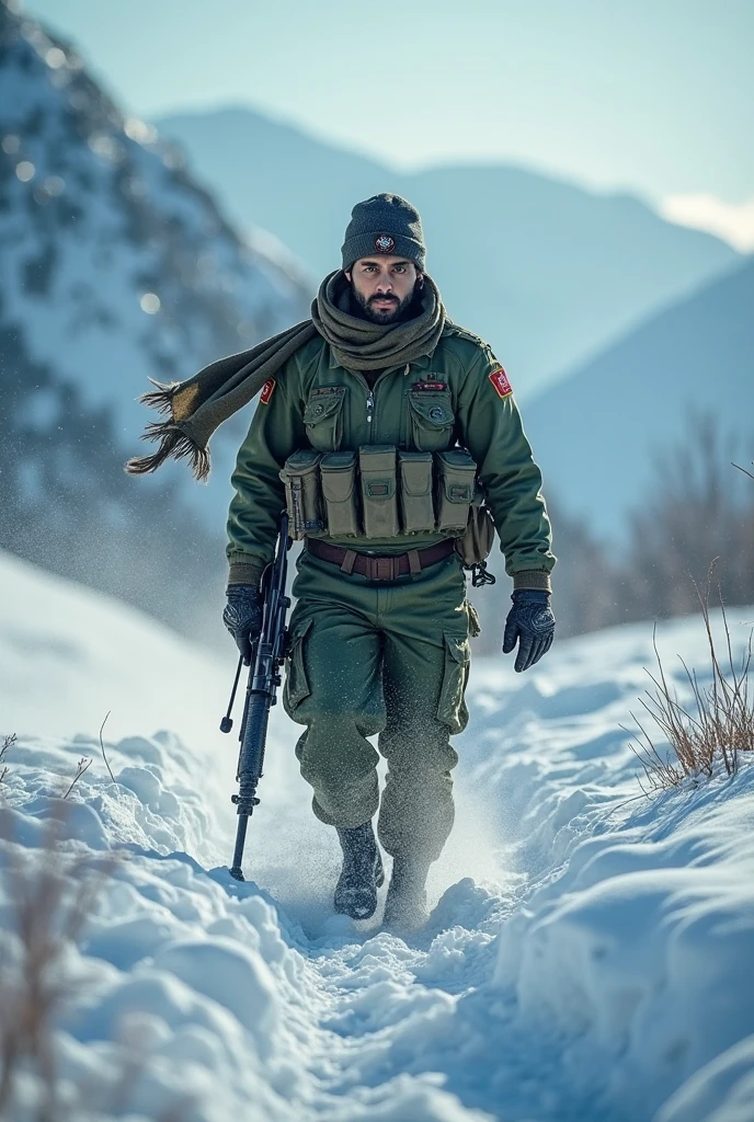 Major Arjun Singh directing his soldiers with determination amidst the chaos of battle in a snowy terrain."