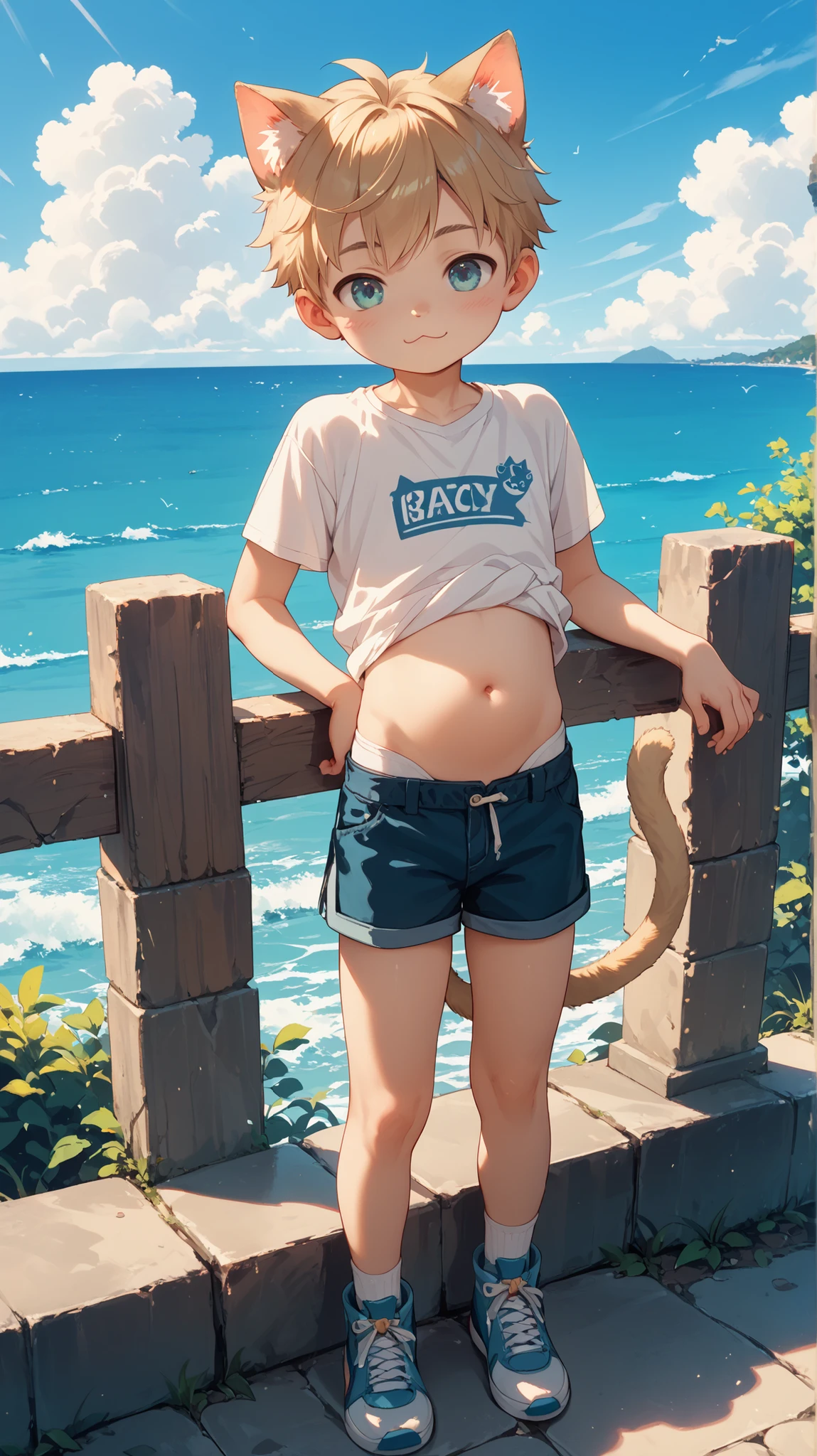 cat ears, cat tail, shota boy , 10 years, 10+, Cute, stands leaning on a stone fence, sea, belly, short shorts,