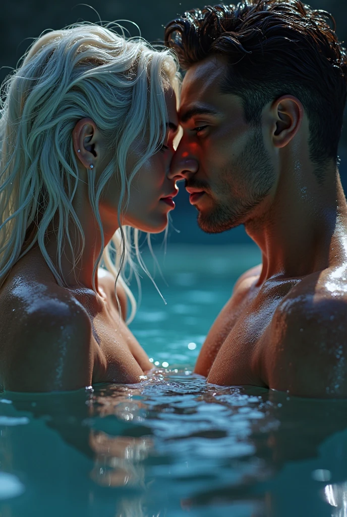Cinematic image of Harley Quinn without a bra inside a fancy hot tub she is having sex with the joker and he is naked behind her and hugging her from behind he is squeezing her breast and Harley Quinn is moaning