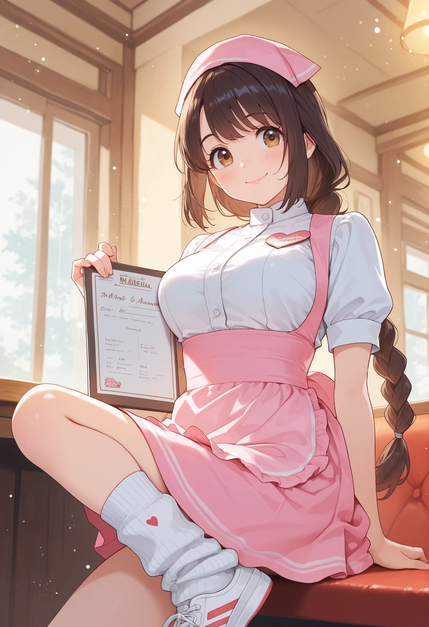 (ultra detailed:0.7), (soft pastel tones, watercolor, bright color, transparent, gradation), backlight, 
(cute girl ), (dark brown hair, low-braided long hair ), light brown eyes, tareme, smile, closed mouth, rouge lips,
medium breast ,(holding a menu), 
BREAK
(anna miller, waitress, white blouse, pink tight skirt, pink apron, heart-shaped name tag, white loose socks, white sneaker), at the Pennsylvania Dutch style restaurant, 
light particles, sparkles
