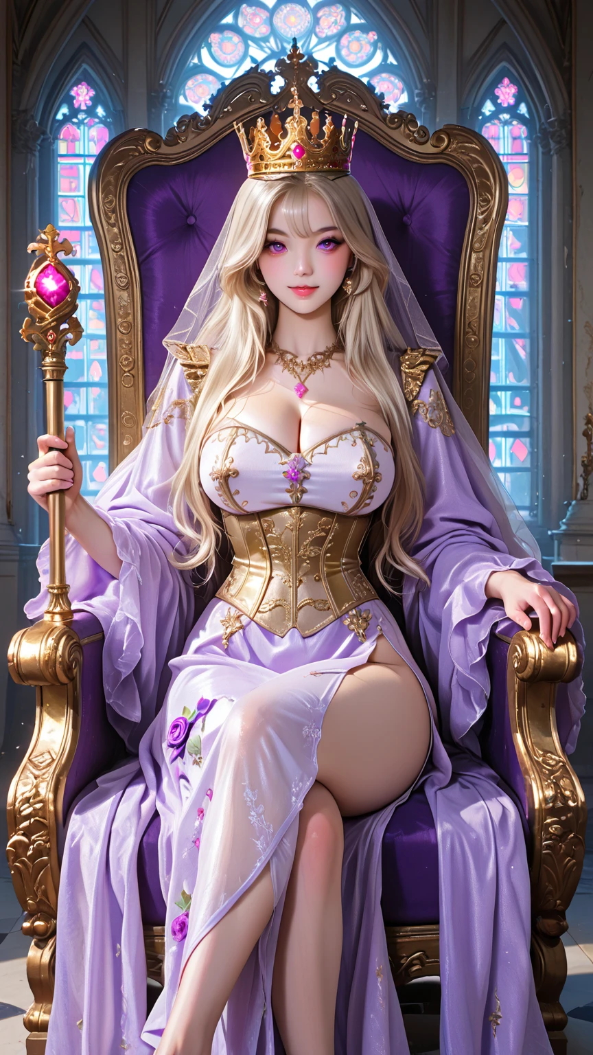 (hyper realstic)、Ancient priestess、Ancient female shamans、
immensity　Beautie　high-level image quality　hight resolution　Realistic　Shorthair　a blond、　blond woman in a、A MILF、Middle-aged woman、((Big big))、detailed skin textures、超A high resolution、Realistic、Voluptuous body shape、A smile、Middle-aged beauty、Beautiful expression 、Detailed purple eyes、blond、long fluffy hair、Kamimei、Very delicate and detailed skin texture、３５Female Shaman、{(Ancient ornate and luxurious temples)、(A lot of torches are burning)}、Ancient priestess、Large cleavage、big butts、bright red lips、(Colorful and glamorous clothes and luxurious accessories)、I have an ornate platinum wand、