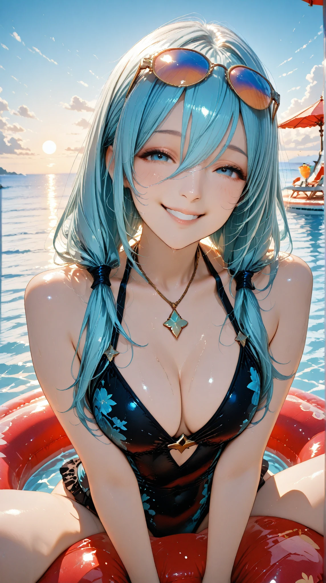 girl、(((one person)))、(bikini:1.3、Face Enhancement:1.3, )、14 years old、Detailed Hair、Blue Hair、Wink、Close one eye、upper body、highest quality、Super detailed、Very detailed、Detailed Background、C cup bust、A light smile、Competition Pool