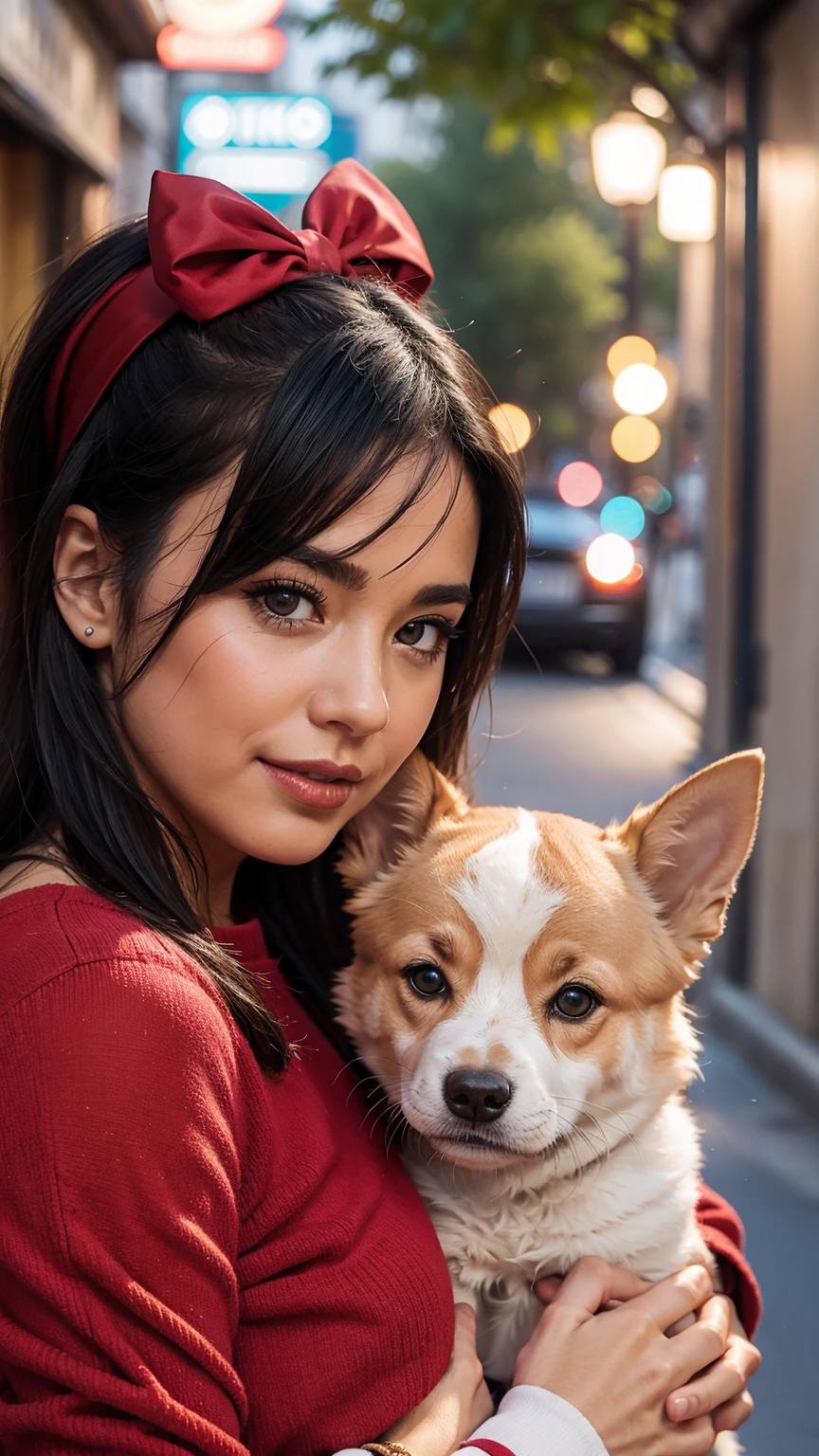 Uma mulher sorridente vestindo uma camiseta preta lisa babylook, posando em um campo florido com o sol se pondo ao fundo
