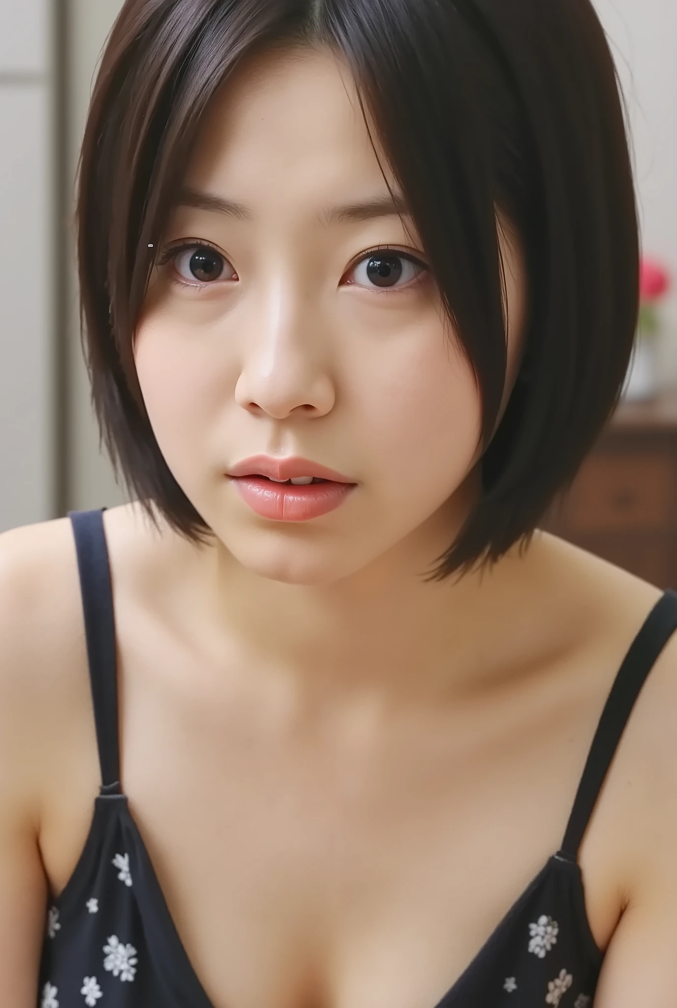 (( premium quality, 8k )), ((masterpiece)), ( details), Japanese girls, first-person view ,One Women, petite woman with short neck , slender woman, sexy,( in the bedroom),((( big breasts, sexyなランジェリー, beautiful breasts, short bob hair , black hair))), dark haired , (( No decoration, Without any accessories, slender, no makeup))