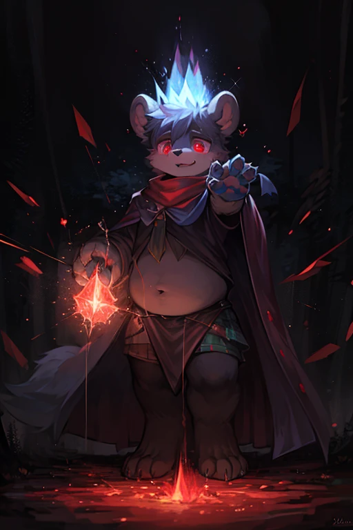 masterpiece, high quality portrait, 3D realistic CG, dramatic lighting, intricate details, sharp focus, 16k, anthro, furry, (cub), (whiskers), solo child boy, wizard hat, cape, scarf, (laughing), (red orbs), (blood magic:1.4), (reaching hand out), (by kekitopu), (far shot)