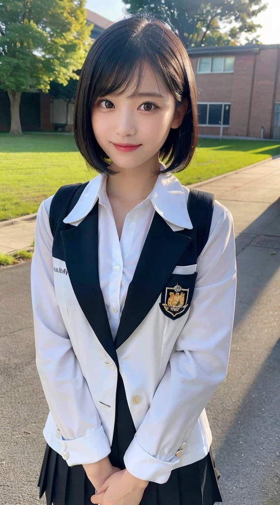 (1 Korean star with royal sister style), ((Best quality, 8K, 巨作: 1.3)), focal point: 1.2, Perfect body proportions: 1.4, (Make a smile),  （Ray traching）,Watery eyes, Highly Detailed Face and Skin Textur, Fine eyes, Double eyelids, Whitens the skin, (long whitr hair, Air bangs: 1.3), (face round: 1.5), (Student uniform black stockings long legs: 1.4), (Now the sunset is blue sky and white clouds 1.6),(black lence stockings: 1.4),(Preppy style:1.4)