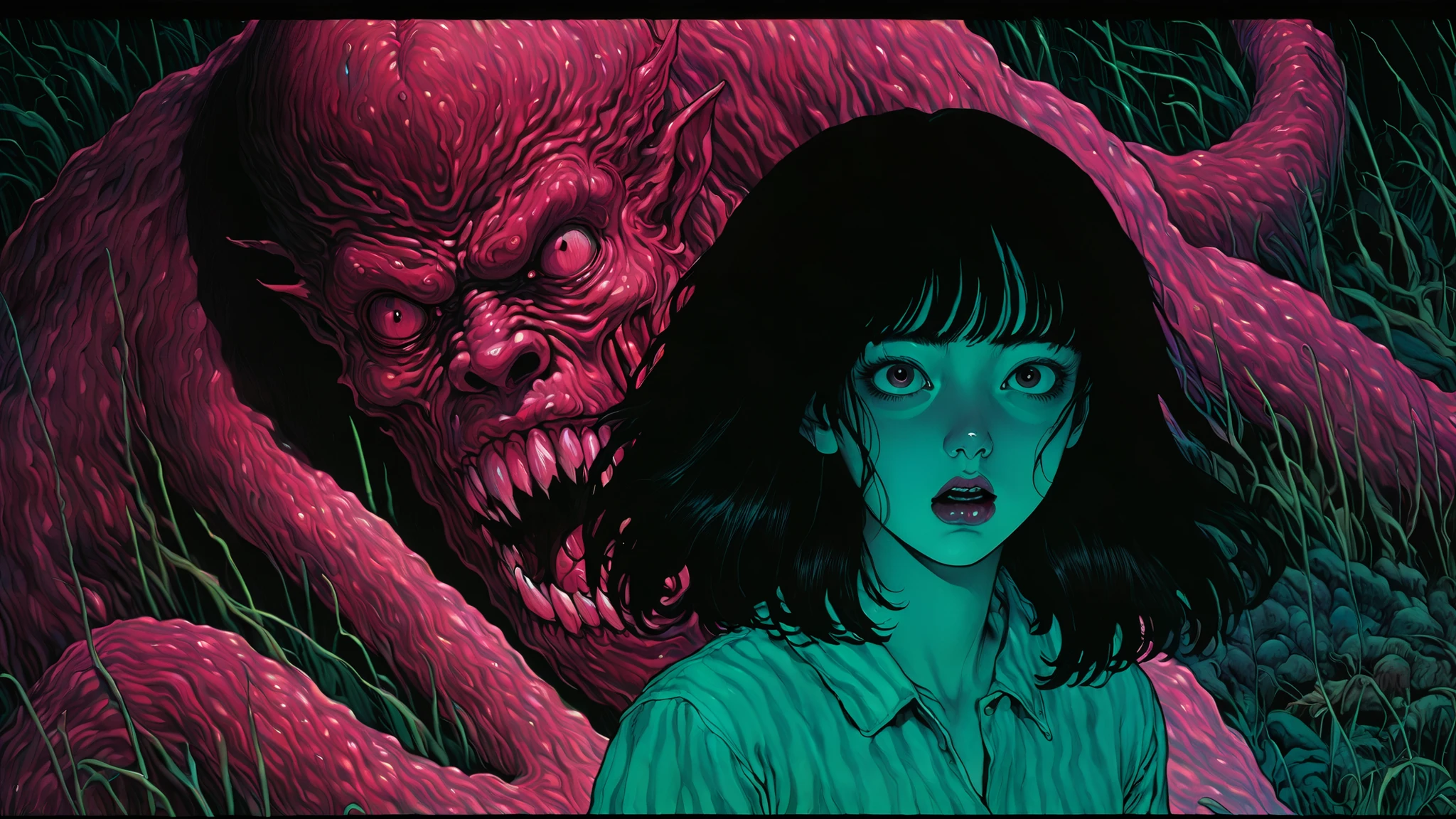 illust、art、from 80s horror movie, directed by Junji Ito、darkness、Screaming Woman、Overaction、Overreaction、Acting frightened、high detail, realsitic shadow、Analog style, vhs style, 8mm film, chromatic aberration, Dvd screengrab、Blue-purple and red-purple gradation、Anguished look