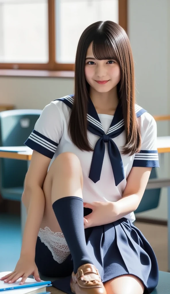 ((Best quality, 8k, Masterpiece:1.3, 1 girl, Beautiful girl)), High resolution, Cute, Dynamism, Detailed face, Detailed skin, Fine grain, Detailed lips, Realistic, RAW photo, Natural light, perfect anatomy, dynamic pose, round butt, toned legs, double eyelids, tear bags, round eyes, moist lips, mouth details, detailed tongue, Japanese girl, black hair, bangs, (Japanese high school girl sailor suit), indoors, detailed clothing, smile, long hair, ponytail, white bra, white lace panties,,high leg panties,sitting on a chair in the classroom.((open your legs))