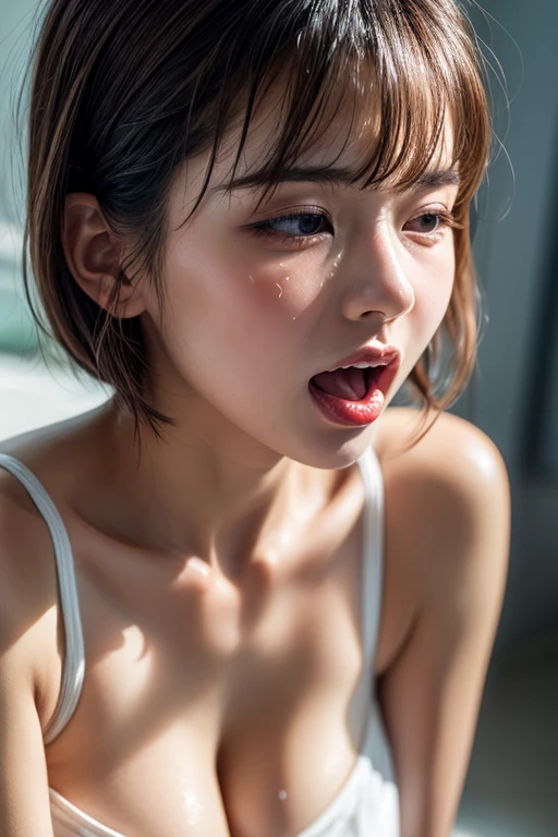 high quality, detailed,a girl with white water drops on her face.she is taking a shower,lots of white water droplets.(at night:2.0),green eyes.she is 13 years old japanese bitch gal,prostitute,she has a mole under her eye,(smallest breasts),(wearing long sleeve white oversized t-shirt dress,offshoulder,very very wet thin fabric shirt,),blunt bangs,((bob hair,very wet hair and wet face,shiny face)),slender,face up,nipples,temptation

((she is facing directly upwards:1.4))


(((she opens her mouth very very wide and closes her eyes:1.2,tounge out)she looks very very painful and her cheeks are very red))((on the stairs))